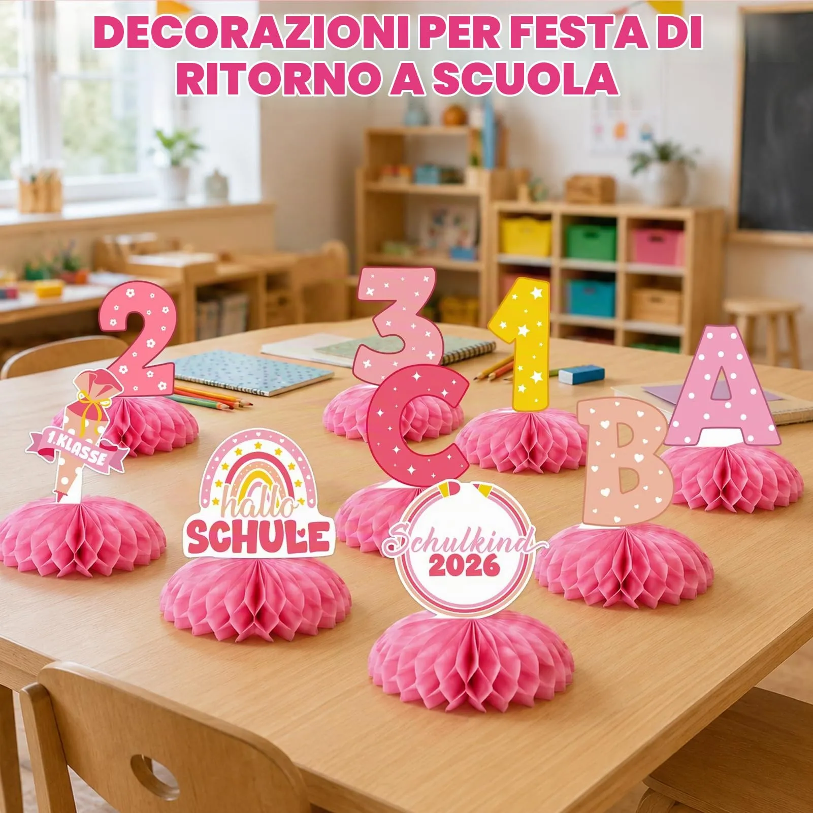 TaimeiMao Decorazioni a Nido d'Ape per Primo Giorno di Scuola, 9 Pezzi, 123 ABC, Rosa - immagine 7