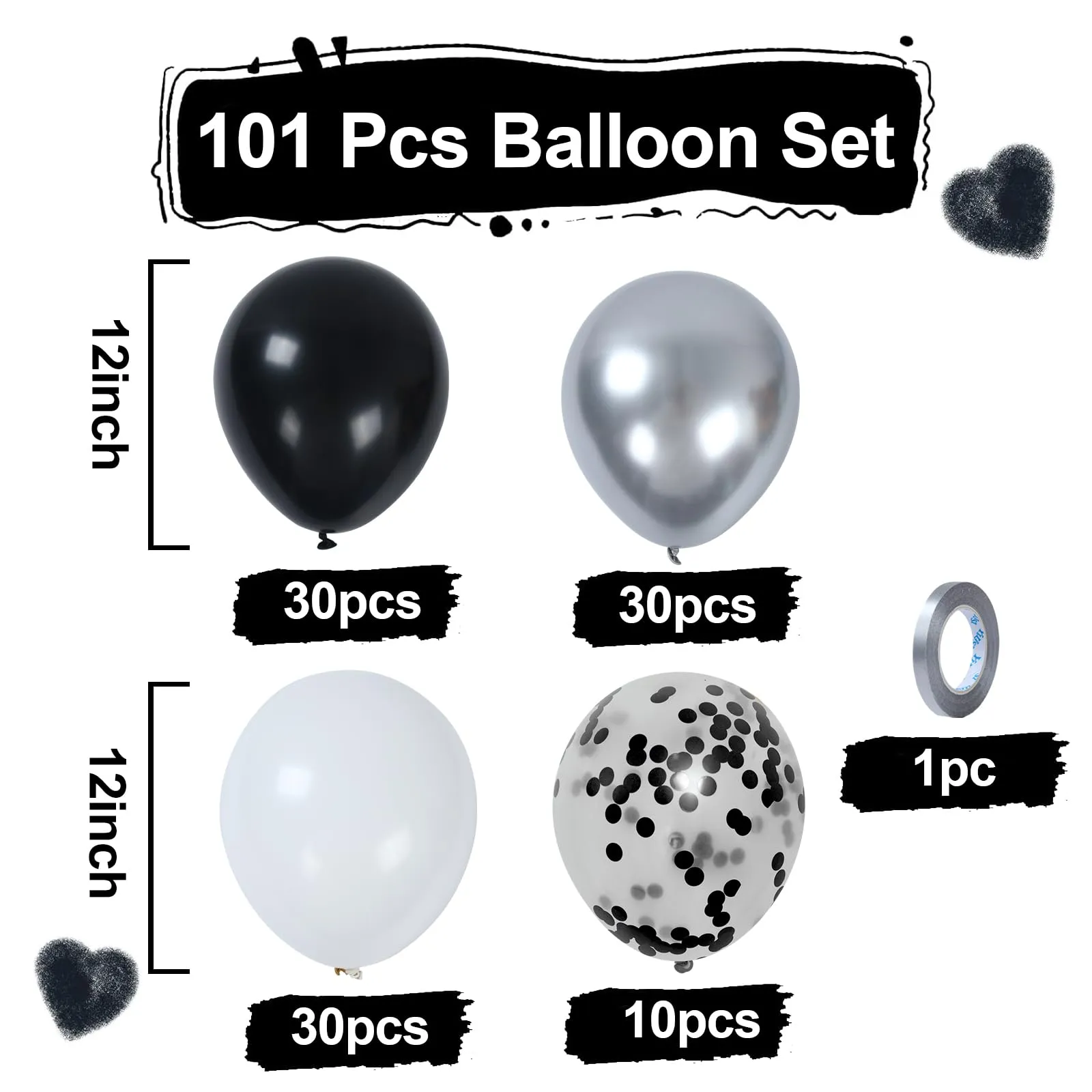 Balloon Garland Set di 100 Palloncini Neri Argento e Bianchi, 12 Pollici - immagine 3