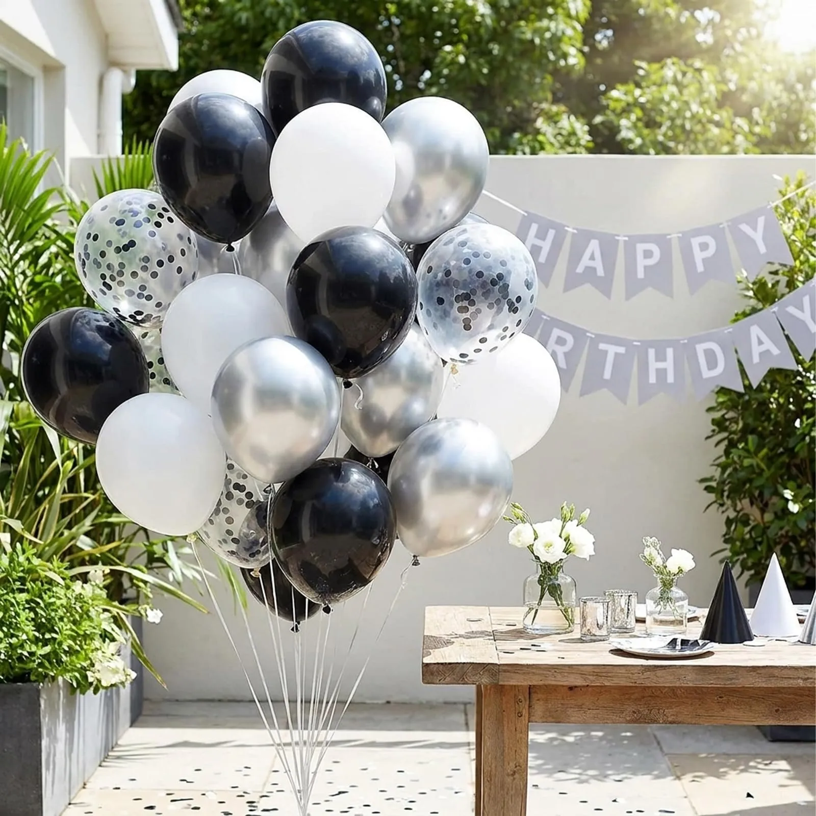 Balloon Garland Set di 100 Palloncini Neri Argento e Bianchi, 12 Pollici - immagine 4