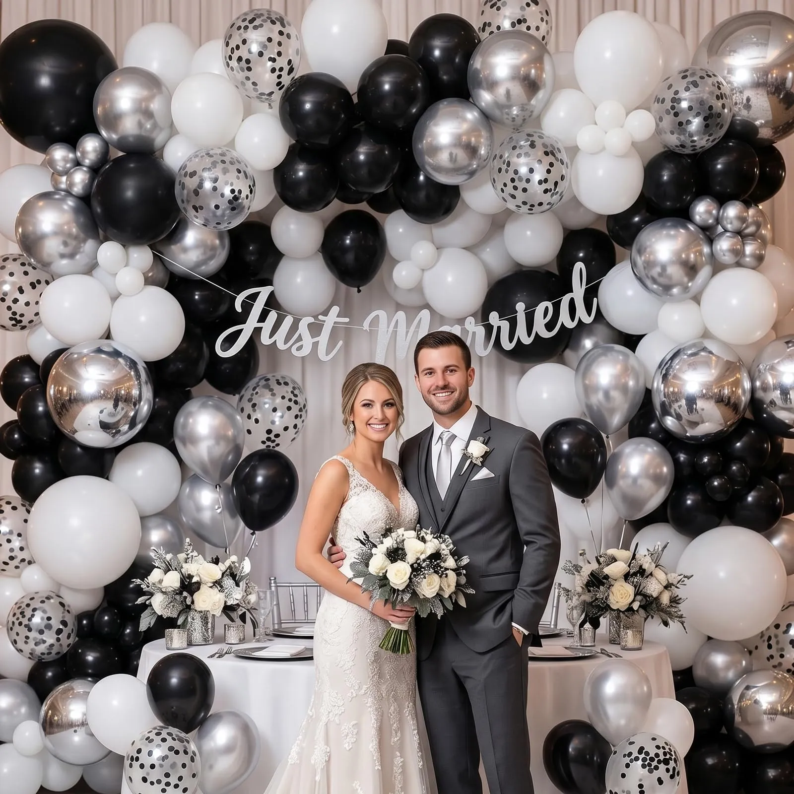 Balloon Garland Set di 100 Palloncini Neri Argento e Bianchi, 12 Pollici - immagine 6