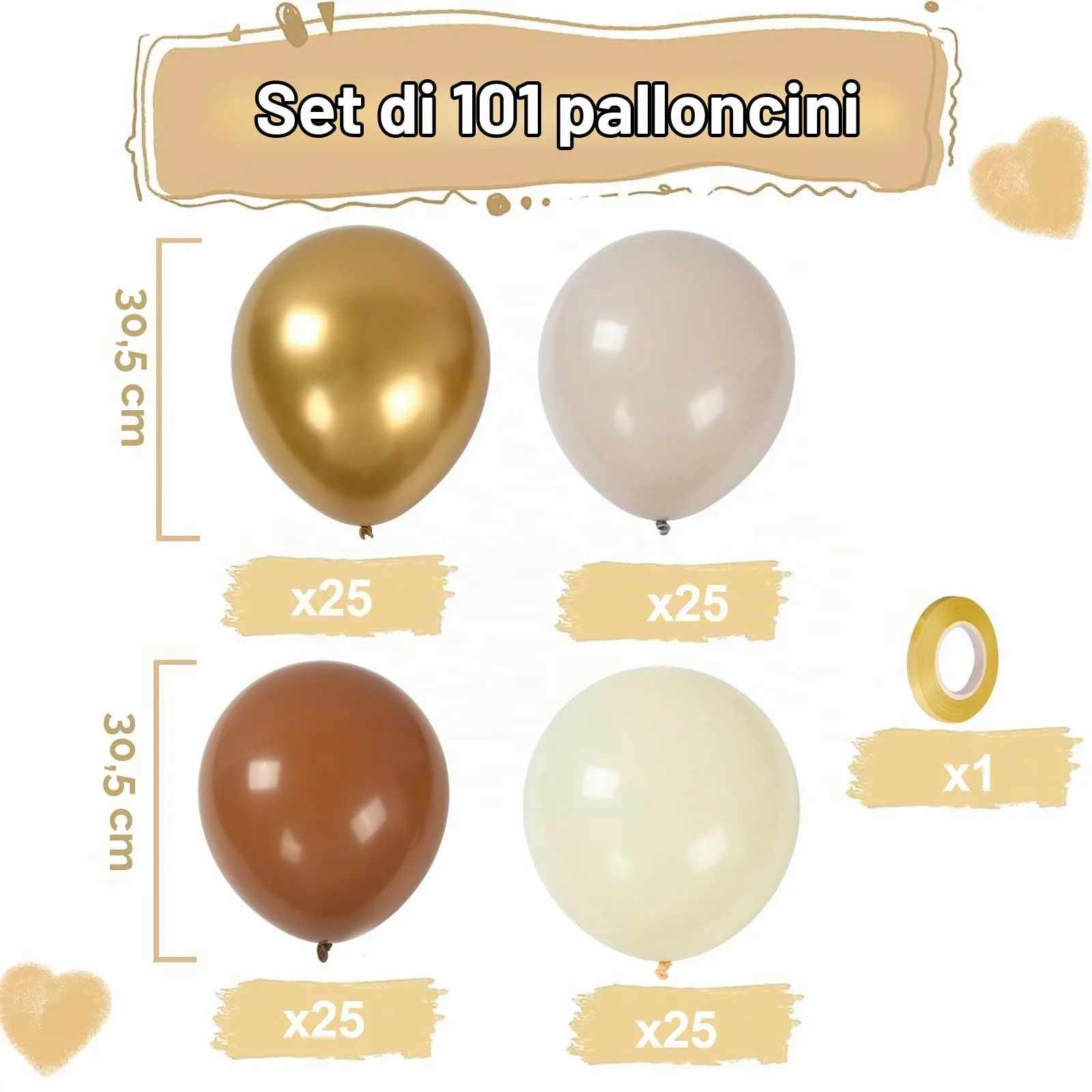 Balloon Garland Palloncini Beige Marroni, Oro e Bianchi, 100 Pezzi, 12 Pollici - immagine 3