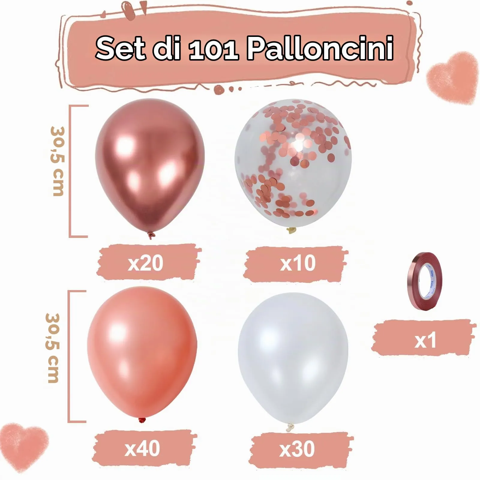 Balloon Garland Palloncini Rosa, 100 Pezzi, 12 Pollici - Rosa Metallici, Oro Rosa, Bianchi e Coriandoli - immagine 3