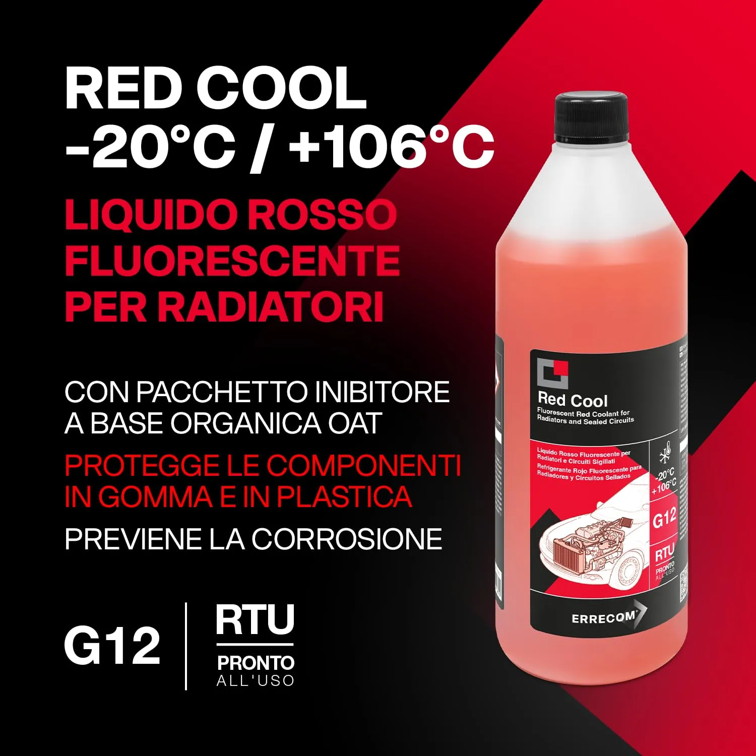 ERRECOM Red Cool Liquido Radiatore Rosso Fluorescente G12 OAT Pronto all'Uso, 1 Litro - immagine 2