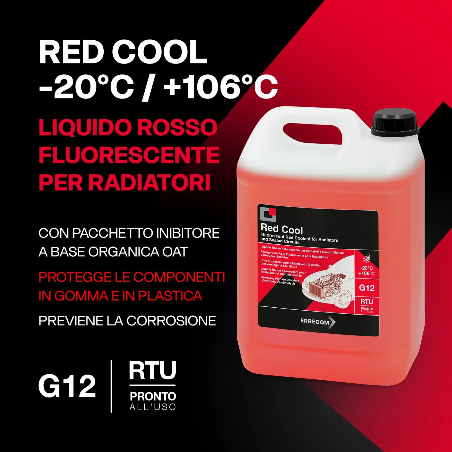 ERRECOM Red Cool Liquido Radiatore Rosso Fluorescente G12 OAT Pronto all’Uso, 5 Litri - immagine 2