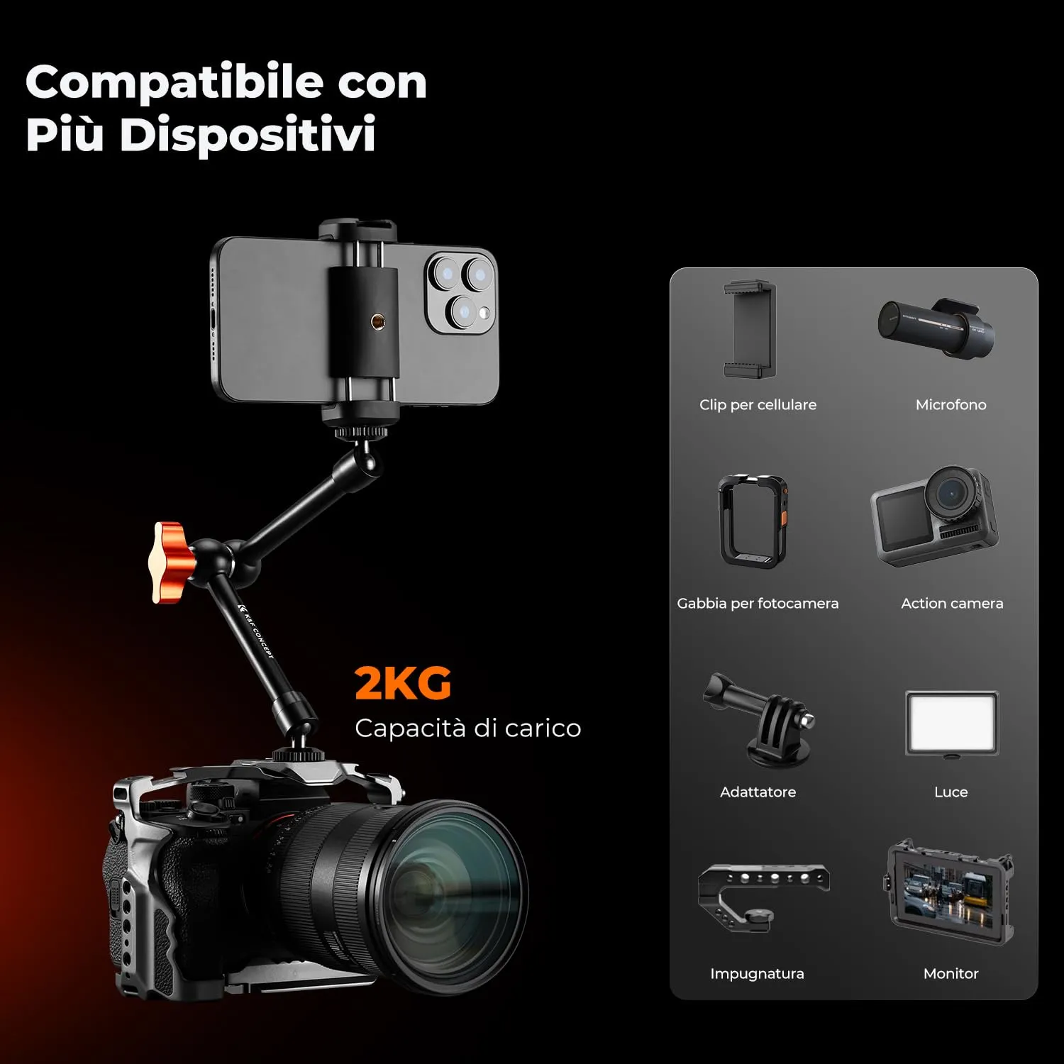 K&F Concept Braccio Magico 9,8" con Supporto Telefono e Morsetto MS32 - immagine 4