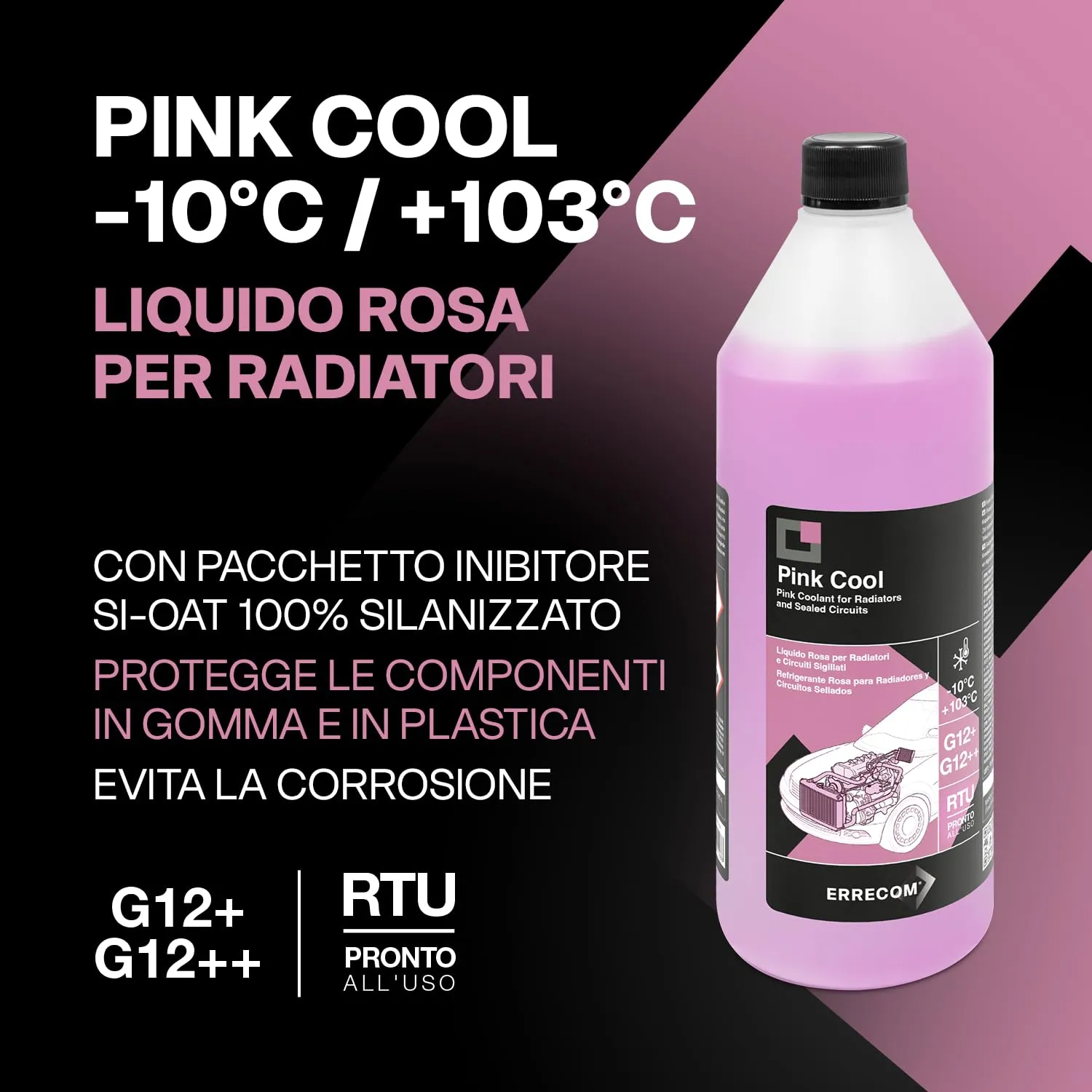 ERRECOM Pink Cool Liquido Radiatore Rosa G12+, G12++, -10°C/+103°C, Si-OAT, Pronto all'Uso, 1 Litro - immagine 2
