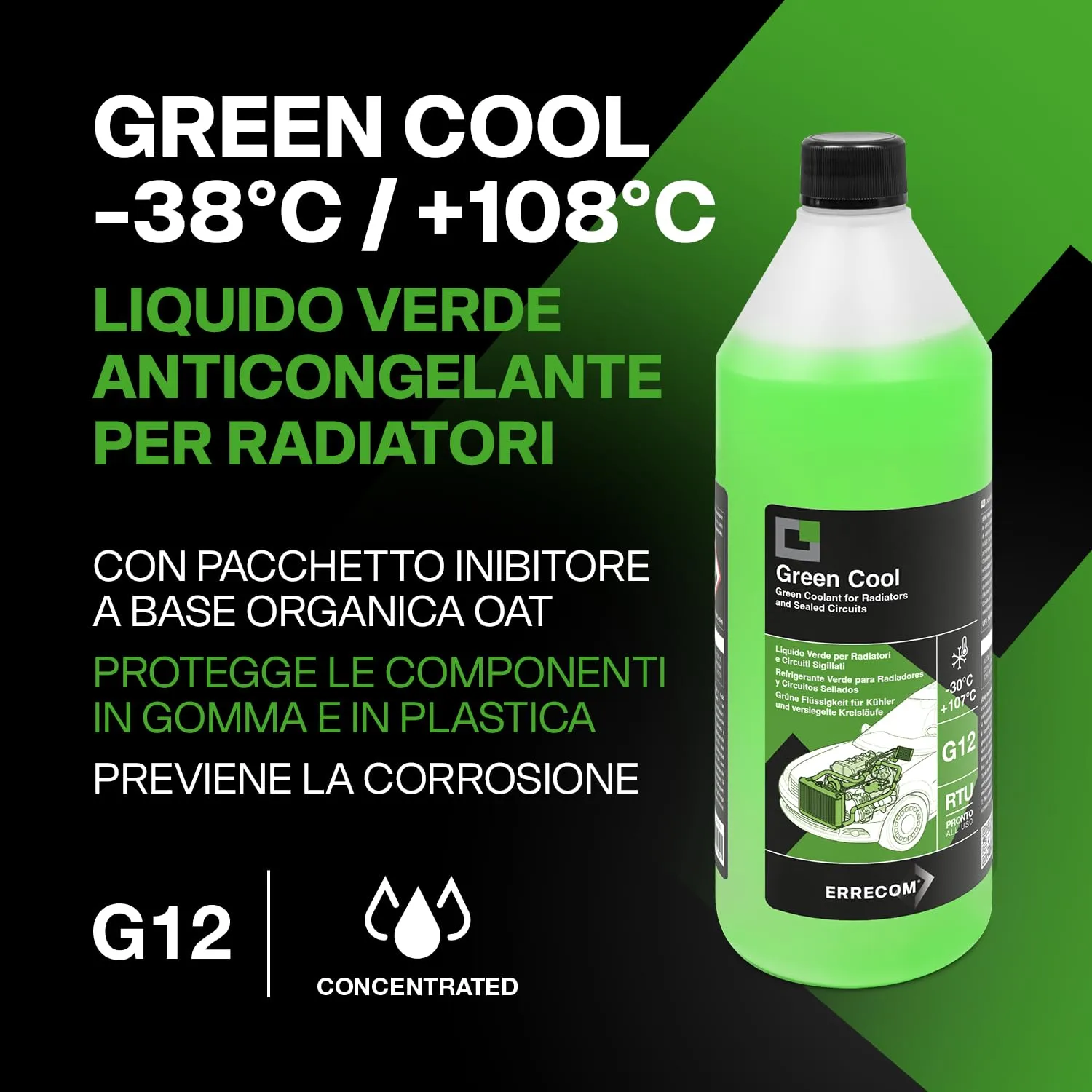 ERRECOM Green Cool Liquido Radiatore Verde Concentrato Antigelo G12 OAT, 1 Litro - immagine 2