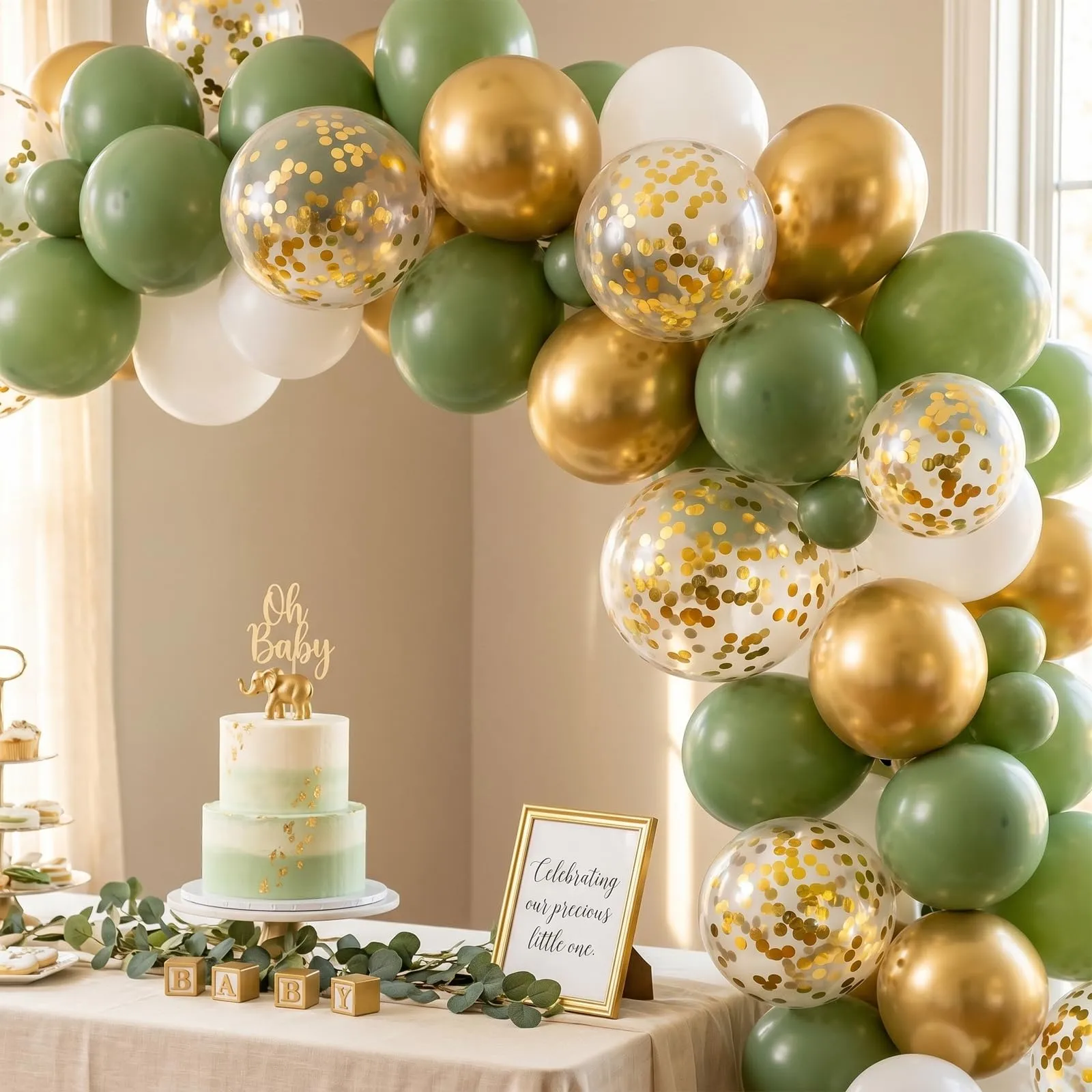 balloon garland Palloncini Verde Salvia, Oro e Coriandoli, 100 Pezzi, 12 Pollici - immagine 2