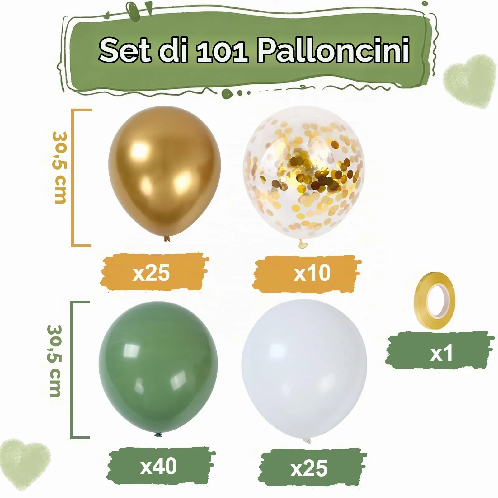 balloon garland Palloncini Verde Salvia, Oro e Coriandoli, 100 Pezzi, 12 Pollici - immagine 3
