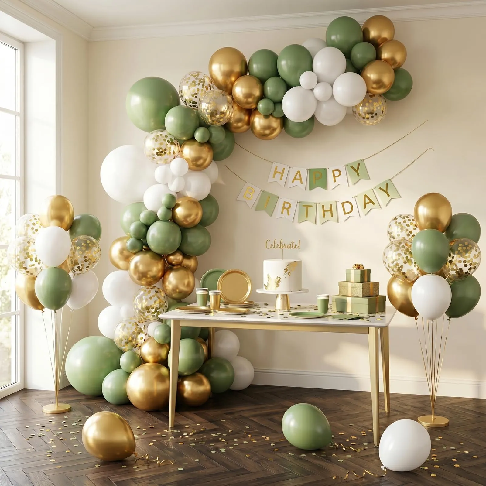 balloon garland Palloncini Verde Salvia, Oro e Coriandoli, 100 Pezzi, 12 Pollici - immagine 4