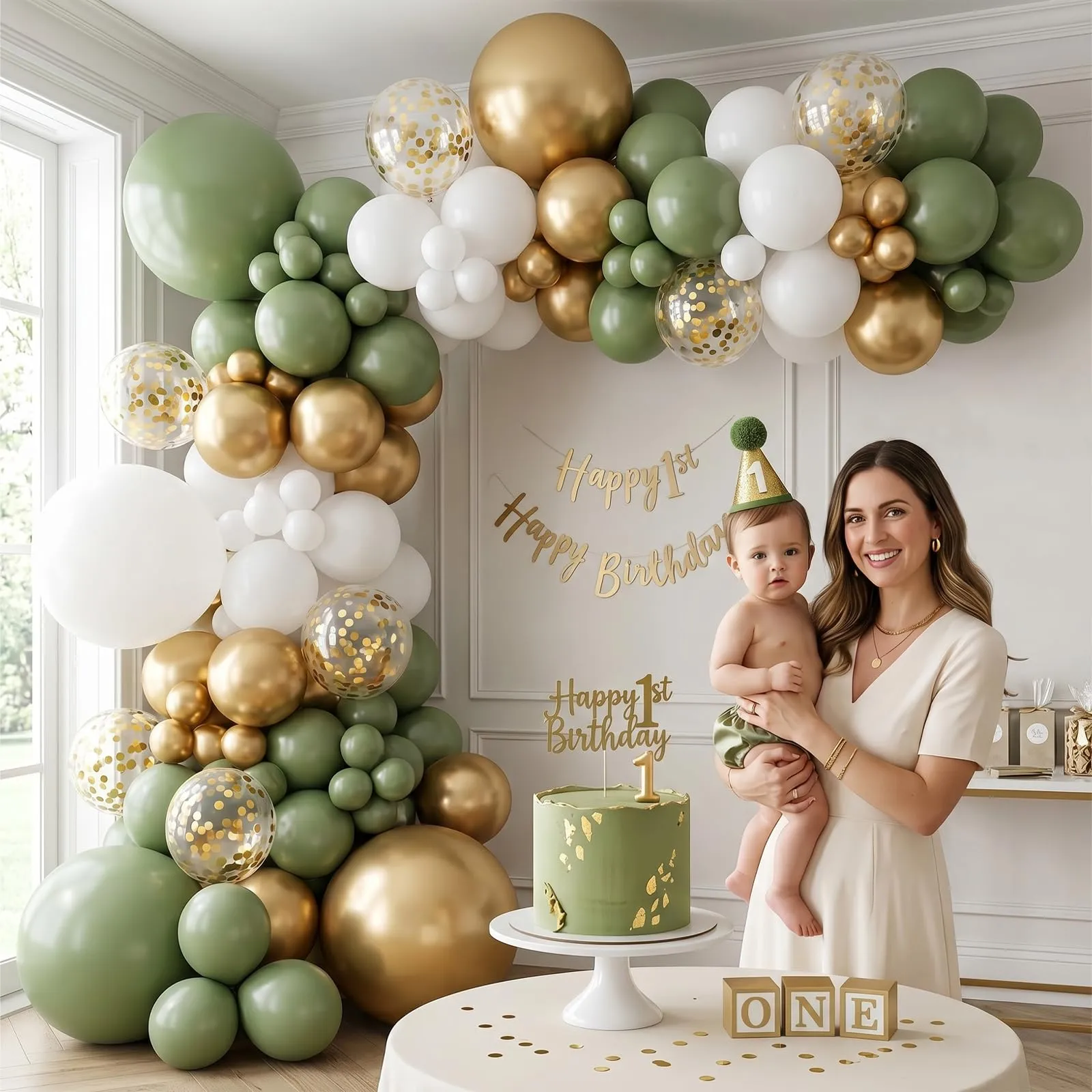 balloon garland Palloncini Verde Salvia, Oro e Coriandoli, 100 Pezzi, 12 Pollici - immagine 6