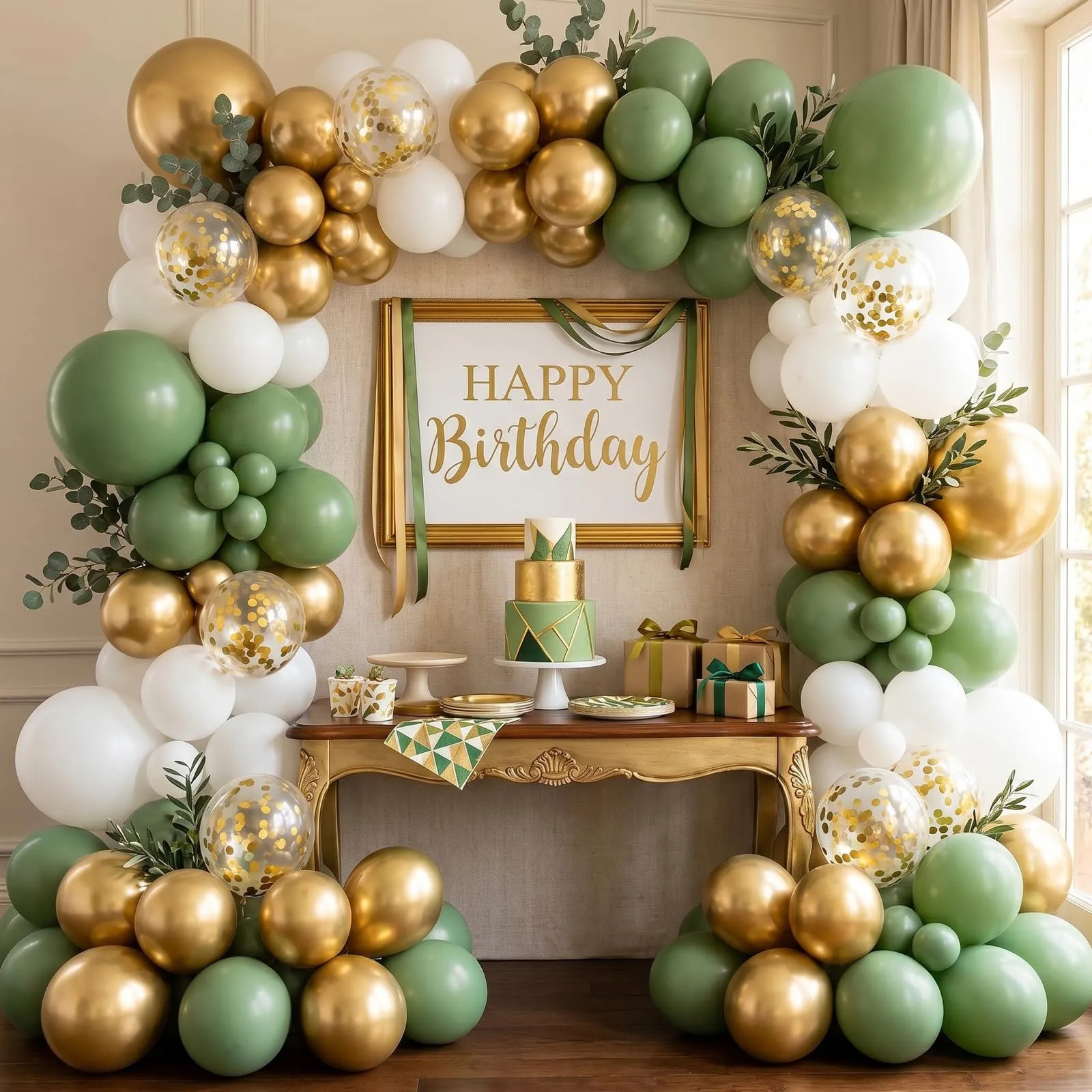 balloon garland Palloncini Verde Salvia, Oro e Coriandoli, 100 Pezzi, 12 Pollici - immagine 7