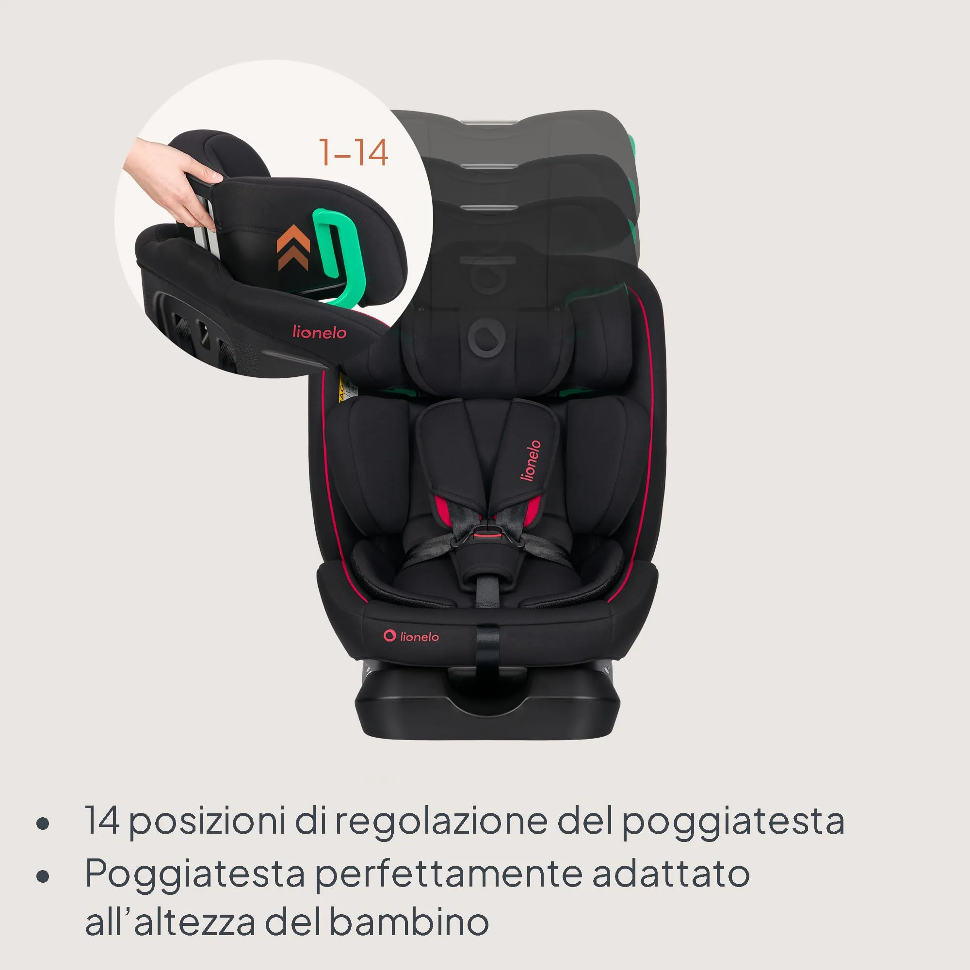 Lionelo Aart i-Size Seggiolino Auto Bambini 0-12 anni, Norma R129, Black Red - immagine 8