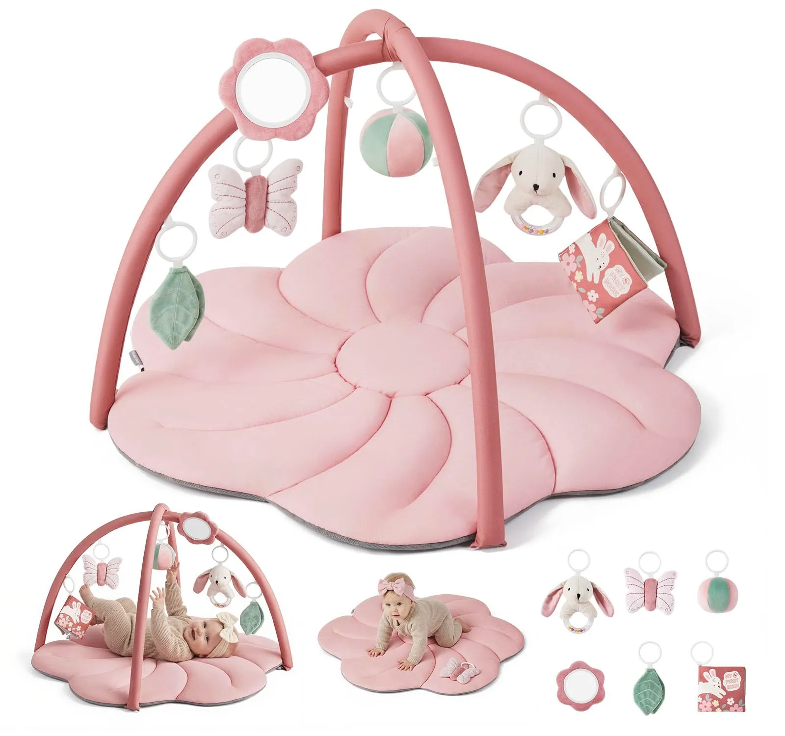 Blissful Diary Palestrina Neonato Montessori con Arco Rimovibile e 6 Giochi, Rosa Floreale - immagine 1
