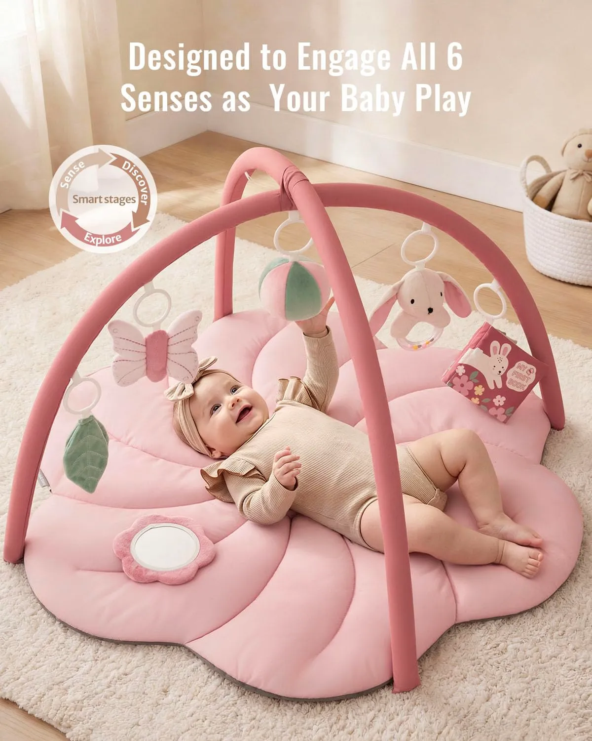 Blissful Diary Palestrina Neonato Montessori con Arco Rimovibile e 6 Giochi, Rosa Floreale - immagine 3