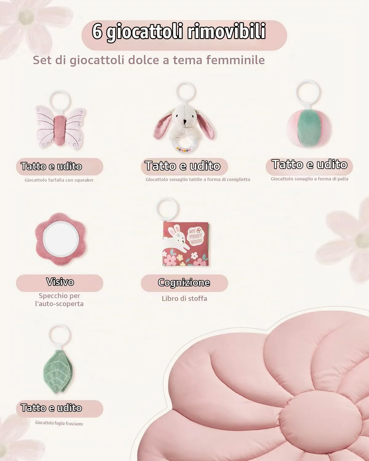 Blissful Diary Palestrina Neonato Montessori con Arco Rimovibile e 6 Giochi, Rosa Floreale - immagine 4