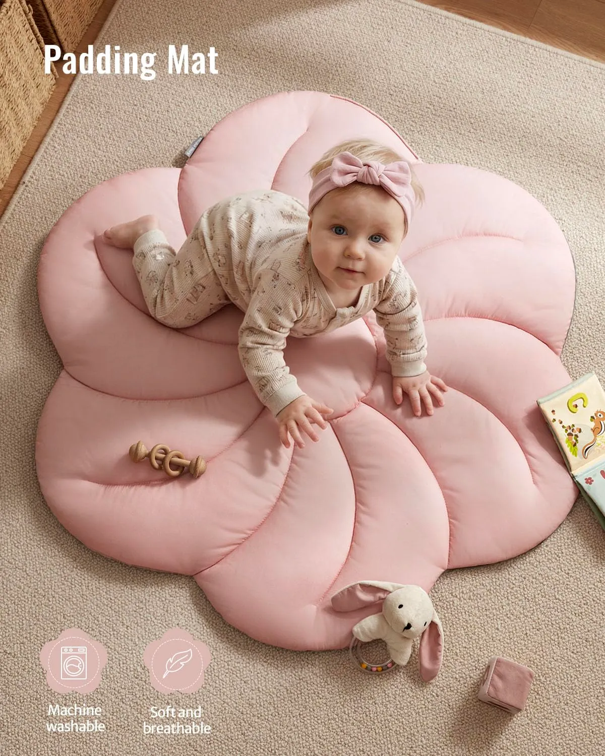 Blissful Diary Palestrina Neonato Montessori con Arco Rimovibile e 6 Giochi, Rosa Floreale - immagine 5