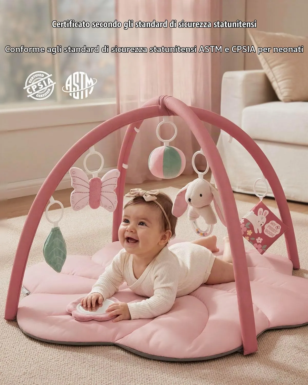 Blissful Diary Palestrina Neonato Montessori con Arco Rimovibile e 6 Giochi, Rosa Floreale - immagine 6
