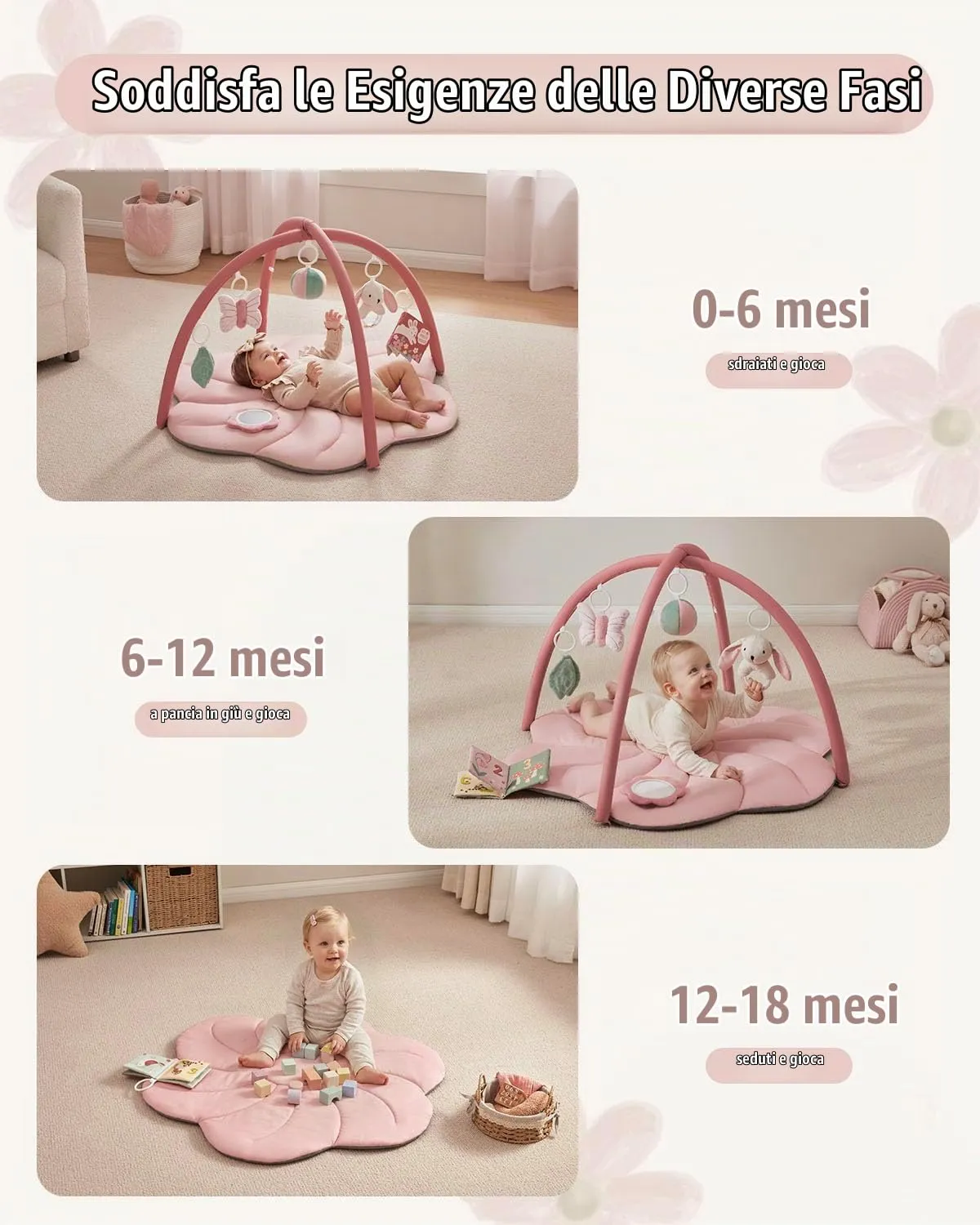 Blissful Diary Palestrina Neonato Montessori con Arco Rimovibile e 6 Giochi, Rosa Floreale - immagine 7