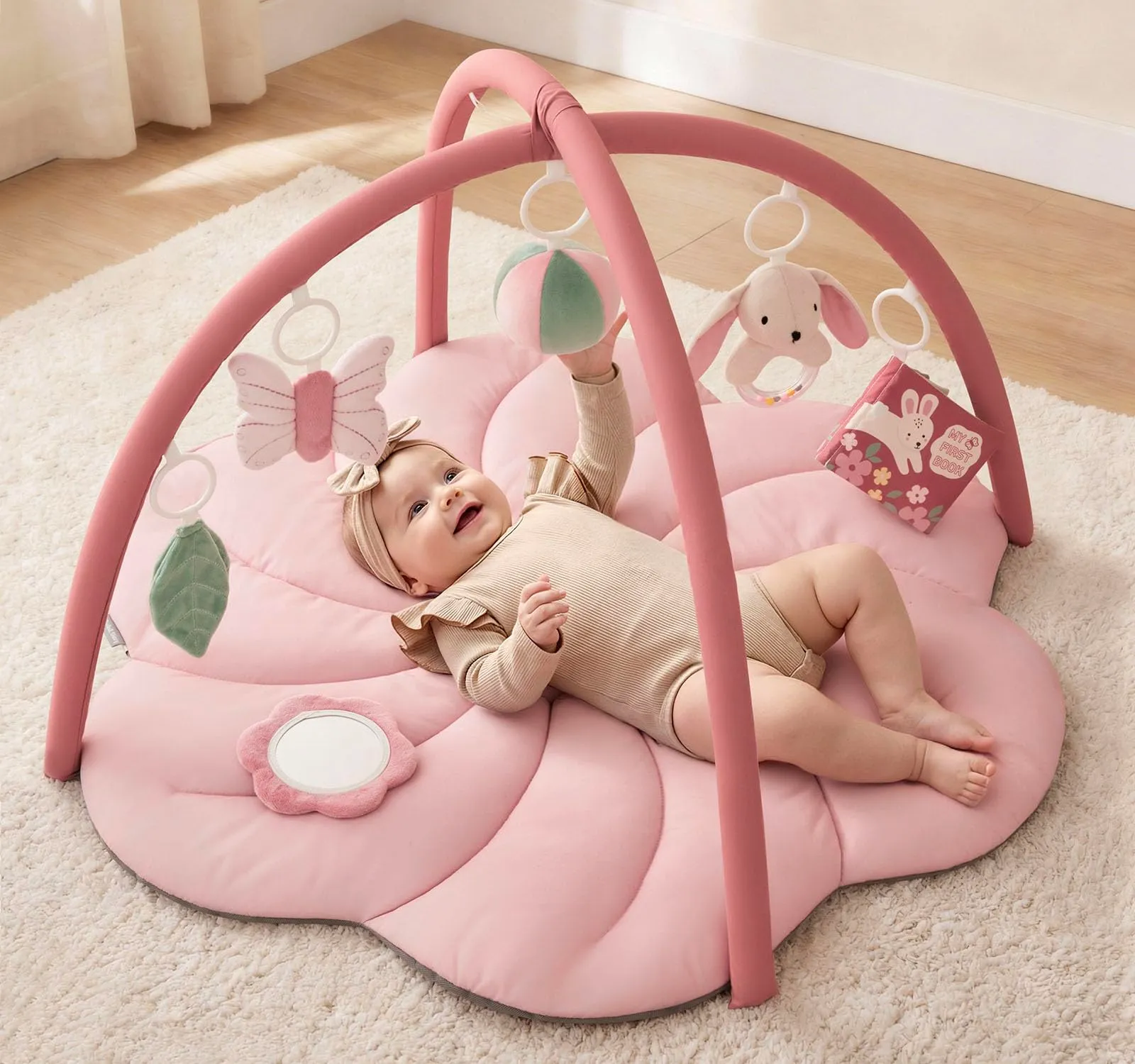 Blissful Diary Palestrina Neonato Montessori con Arco Rimovibile e 6 Giochi, Rosa Floreale - immagine 9