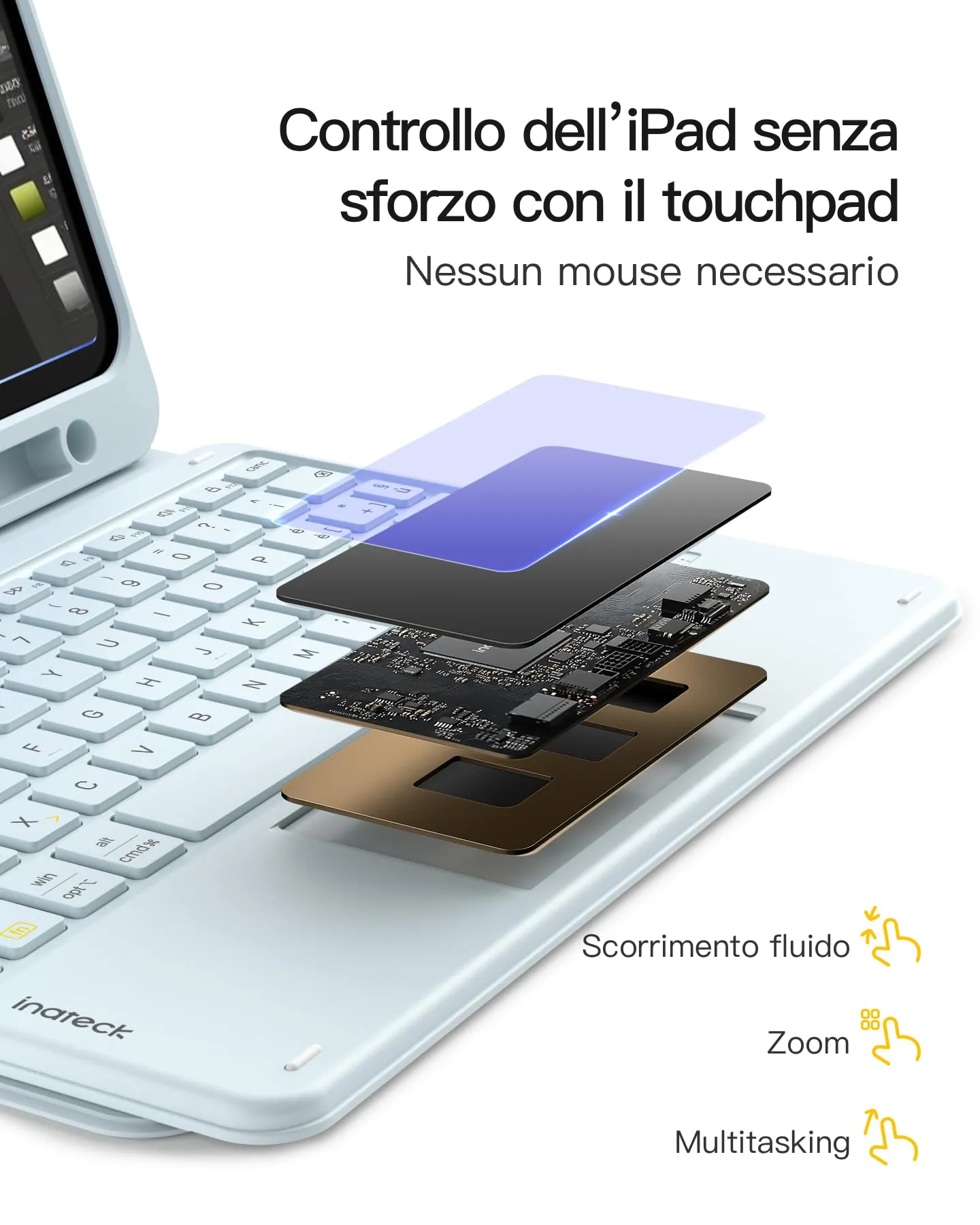 Inateck Custodia Tastiera Bluetooth per iPad 11" A16, 10ª Gen 10.9", Air 11 M4/M3/M2, Air 6/5/4, Pro 11 - immagine 5