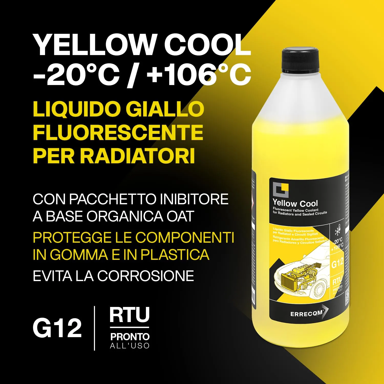 ERRECOM Yellow Cool Liquido Radiatore Giallo Fluorescente G12 OAT Pronto all'Uso, 1 Litro - immagine 2