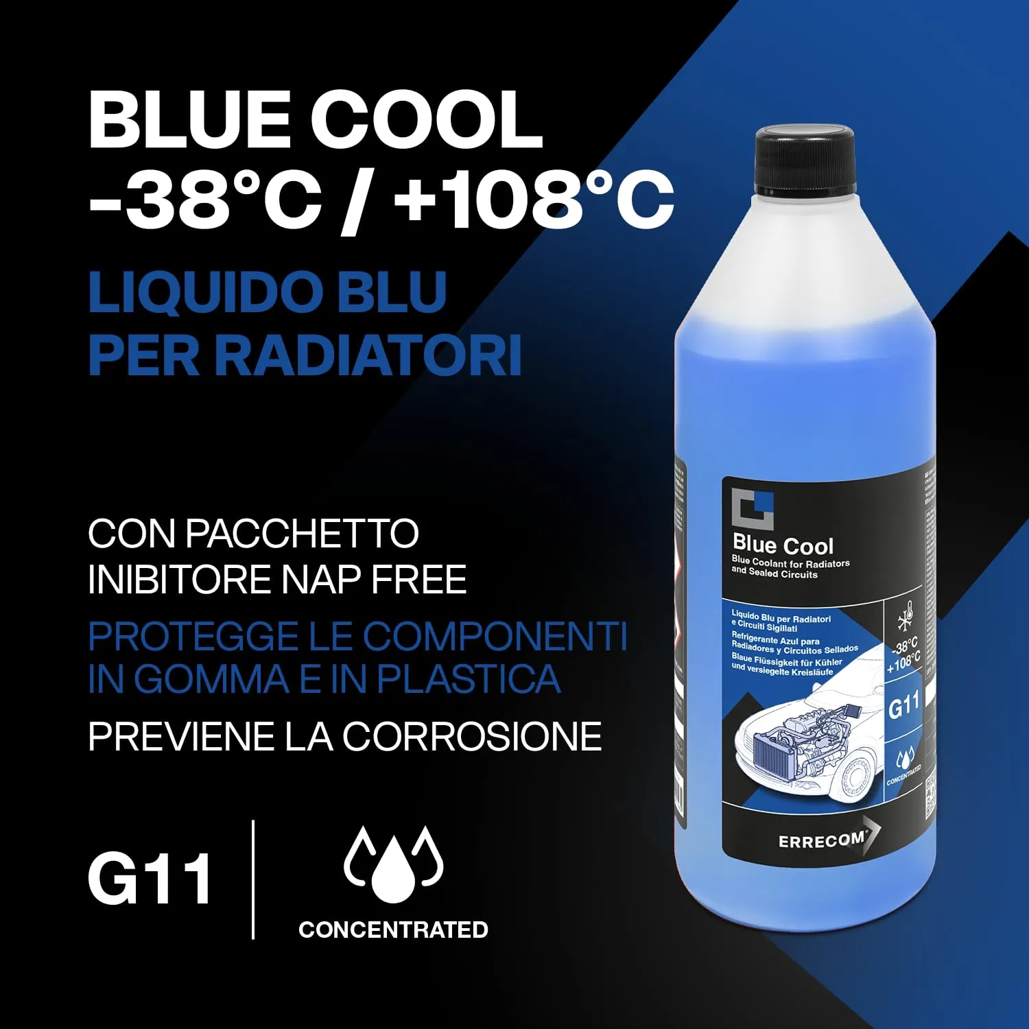 ERRECOM Blue Cool Liquido Radiatore Blu Concentrato Antigelo G11 Nap Free, 1 Litro - immagine 2