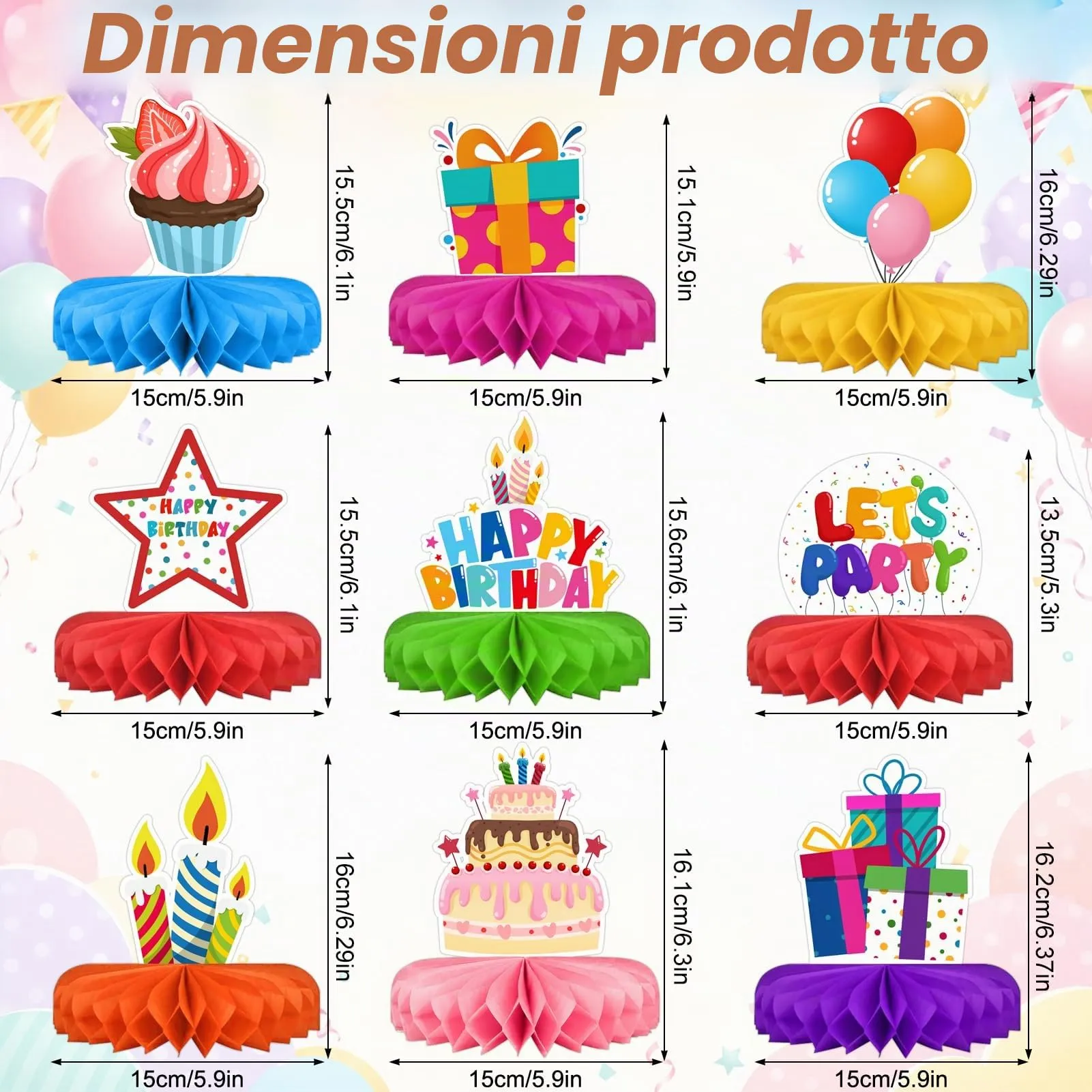TaimeiMao Decorazioni a Nido d'Ape per Compleanno, 9 Pezzi - immagine 2