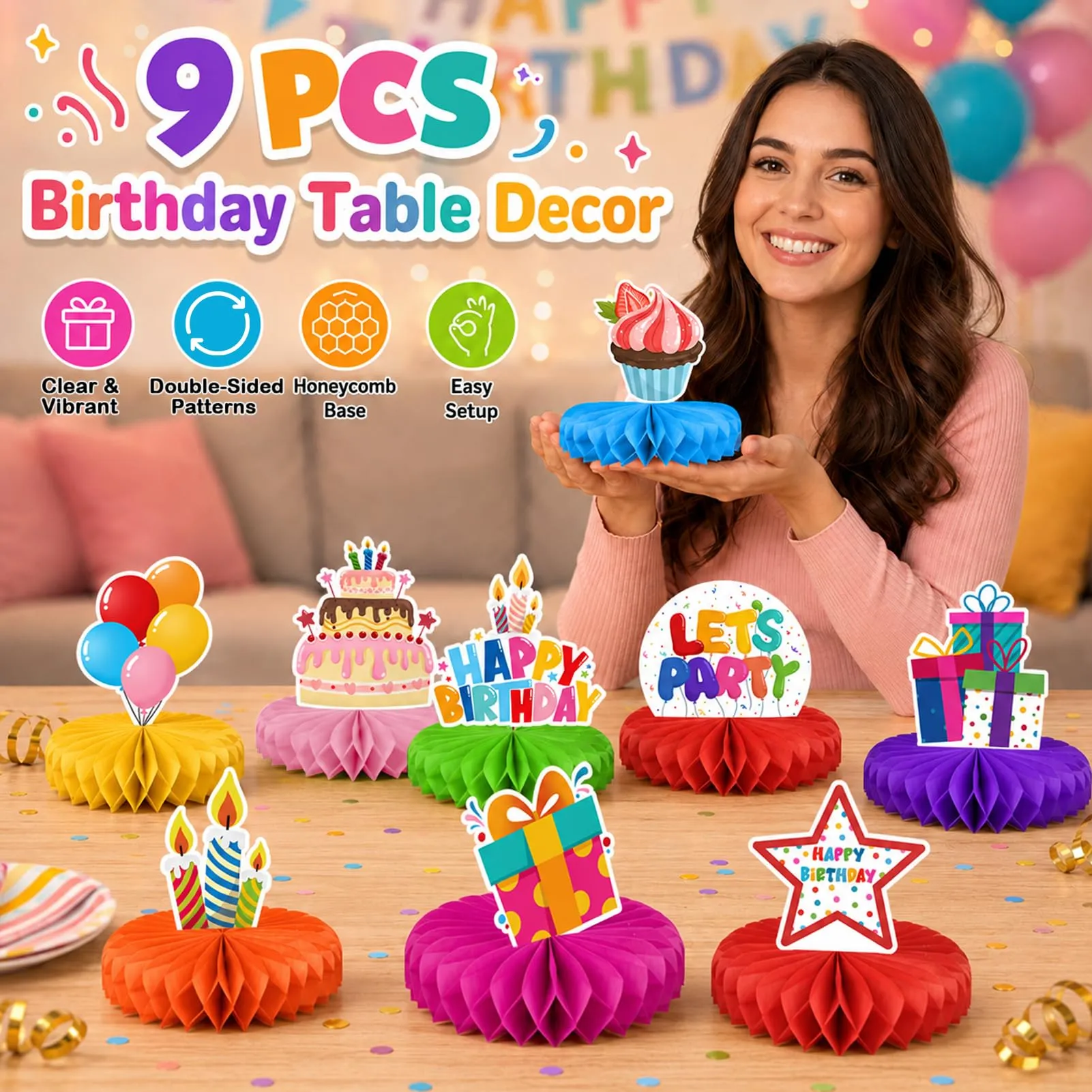 TaimeiMao Decorazioni a Nido d'Ape per Compleanno, 9 Pezzi - immagine 6