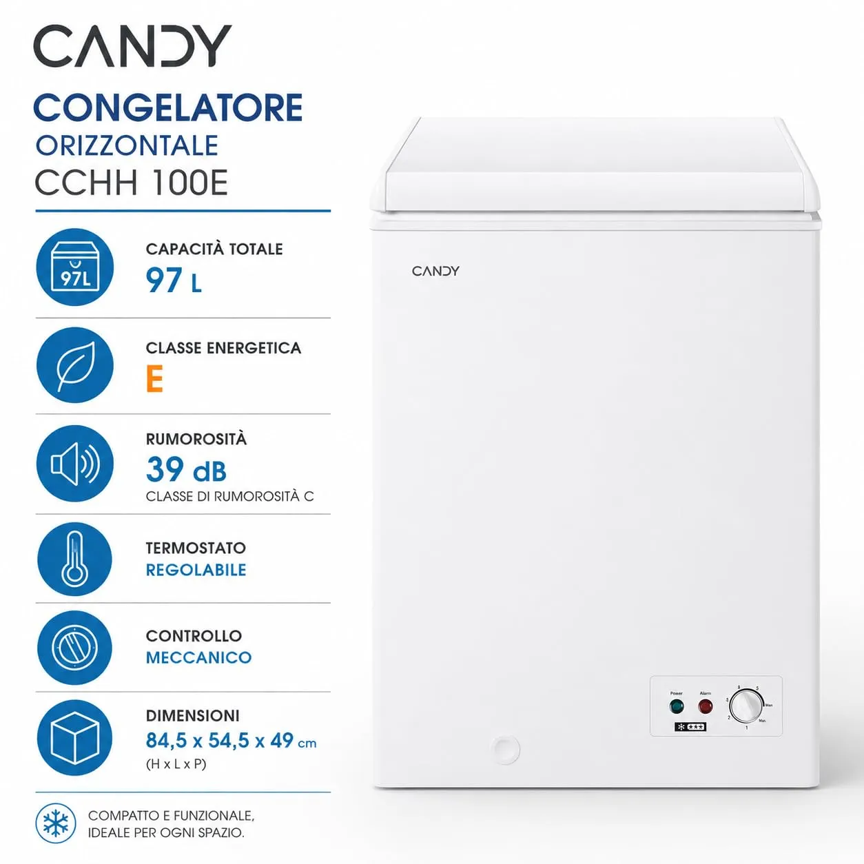 Candy Artico CCHH 100E Congelatore a pozzetto, 97 Litri, Bianco, 84,5x54,5x49 cm, Classe E - immagine 2