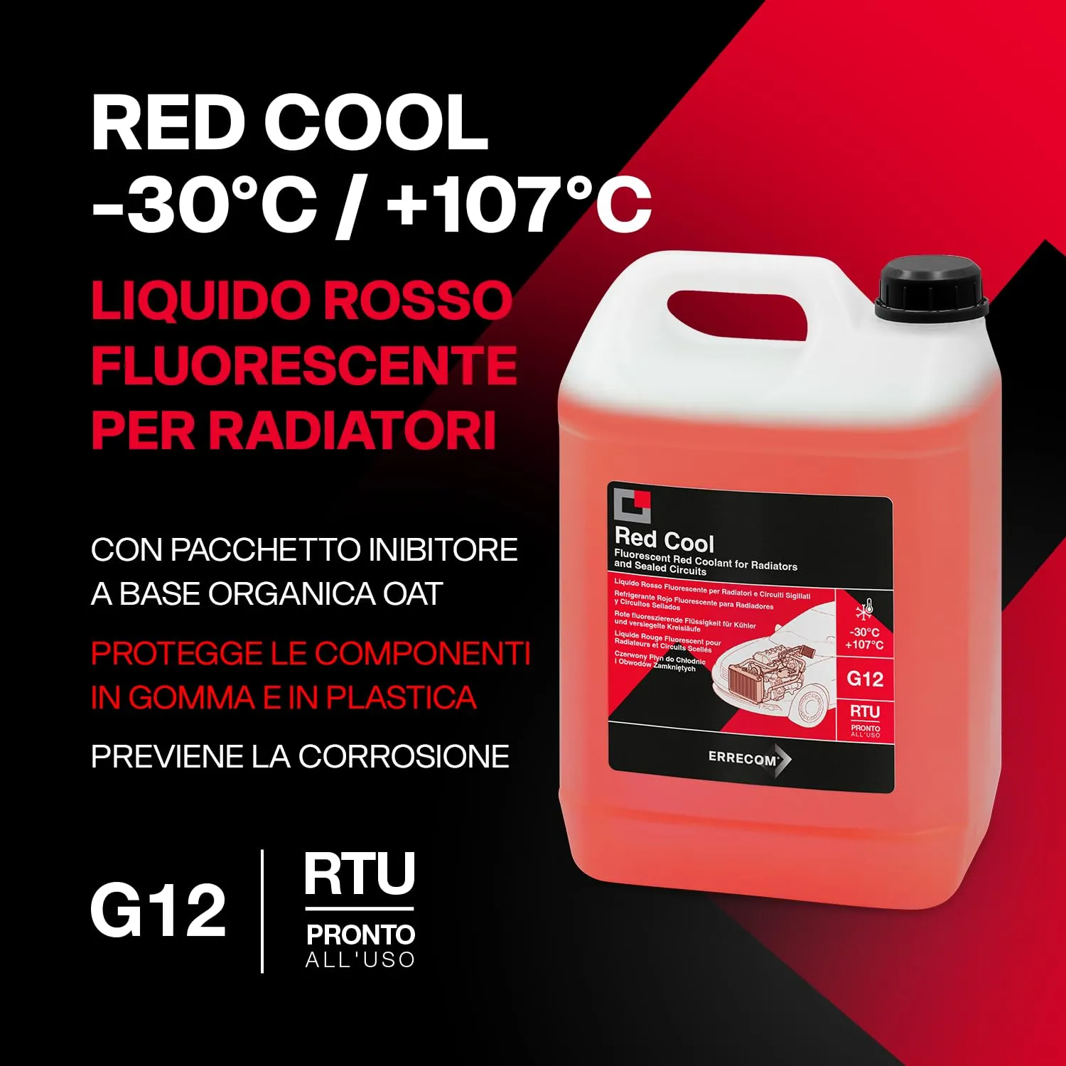 ERRECOM Red Cool Liquido Radiatore Rosso Fluorescente G12 OAT Pronto all’Uso, 5 Litri - immagine 2