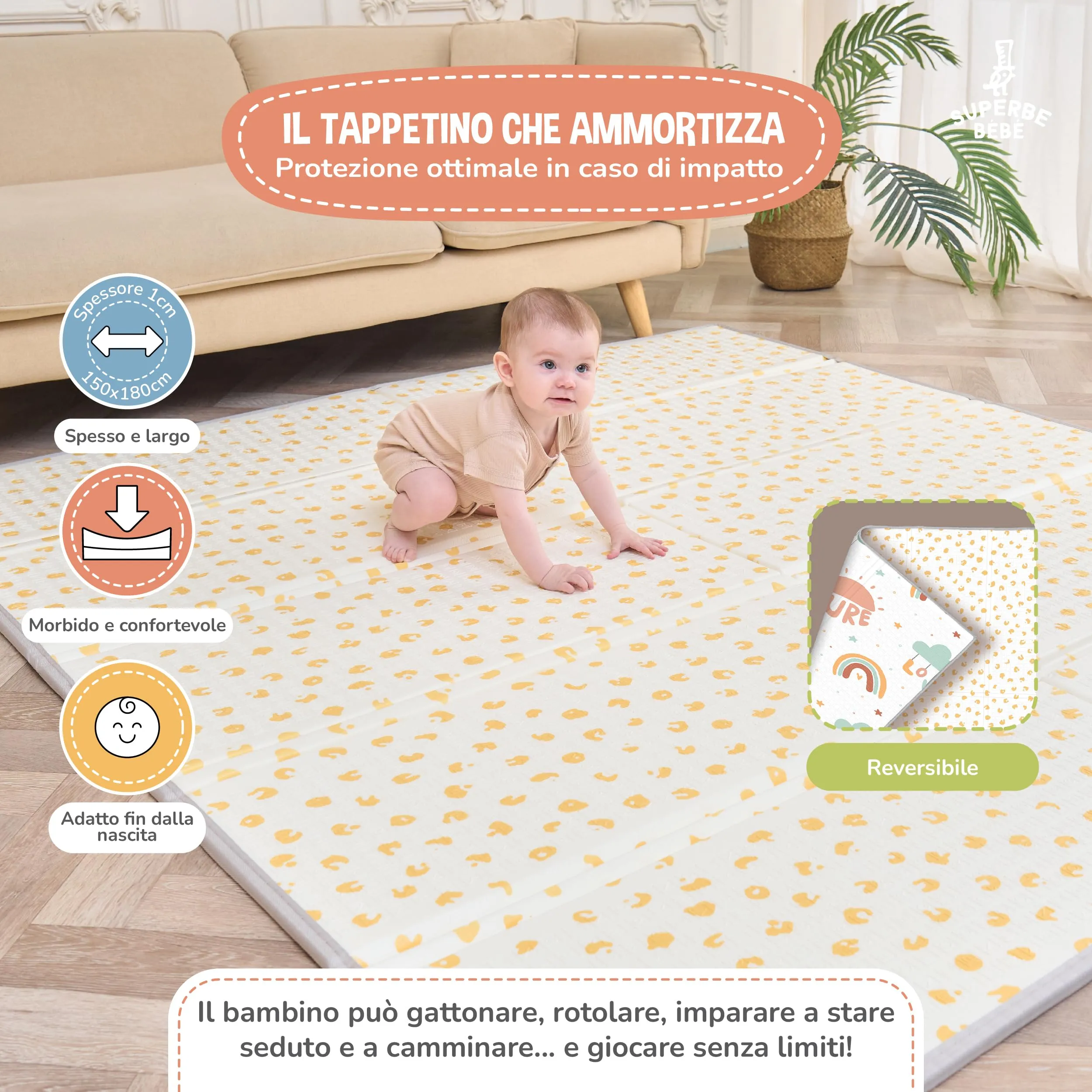 SUPERBE BEBE Tappeto Gioco Bambini Pieghevole 150x180x1cm Montessori Reversibile in Schiuma - immagine 2