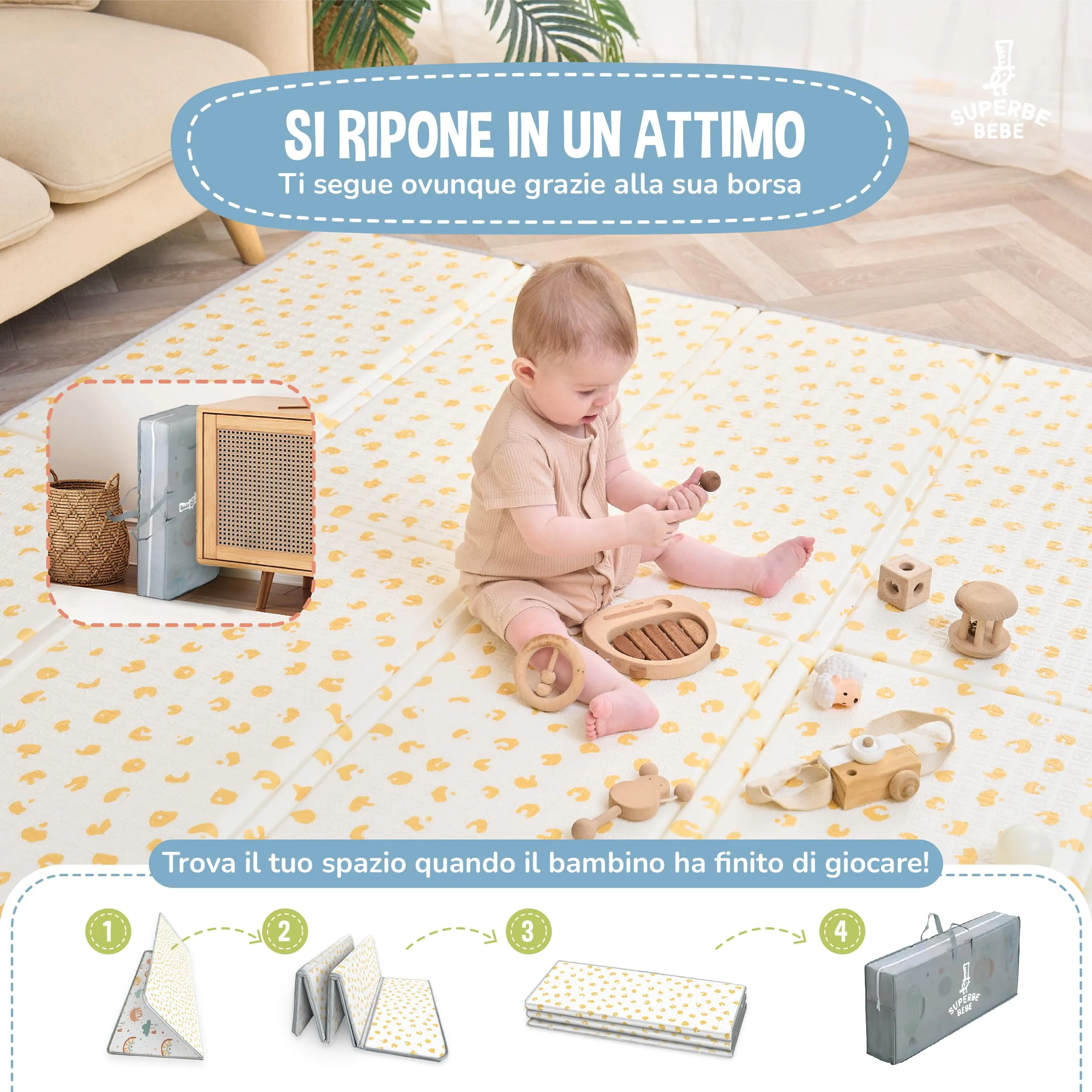 SUPERBE BEBE Tappeto Gioco Bambini Pieghevole 150x180x1cm Montessori Reversibile in Schiuma - immagine 3