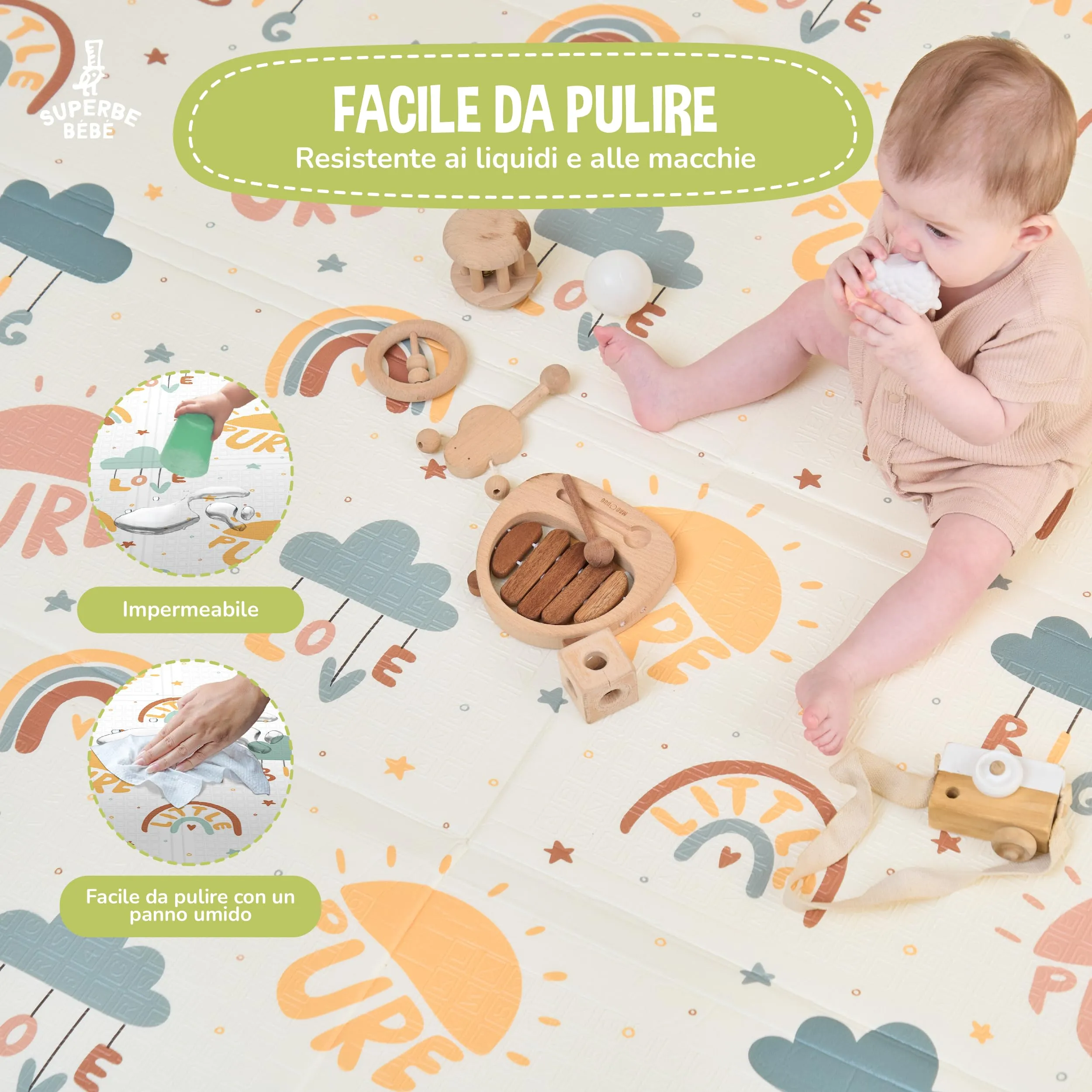 SUPERBE BEBE Tappeto Gioco Bambini Pieghevole 150x180x1cm Montessori Reversibile in Schiuma - immagine 4
