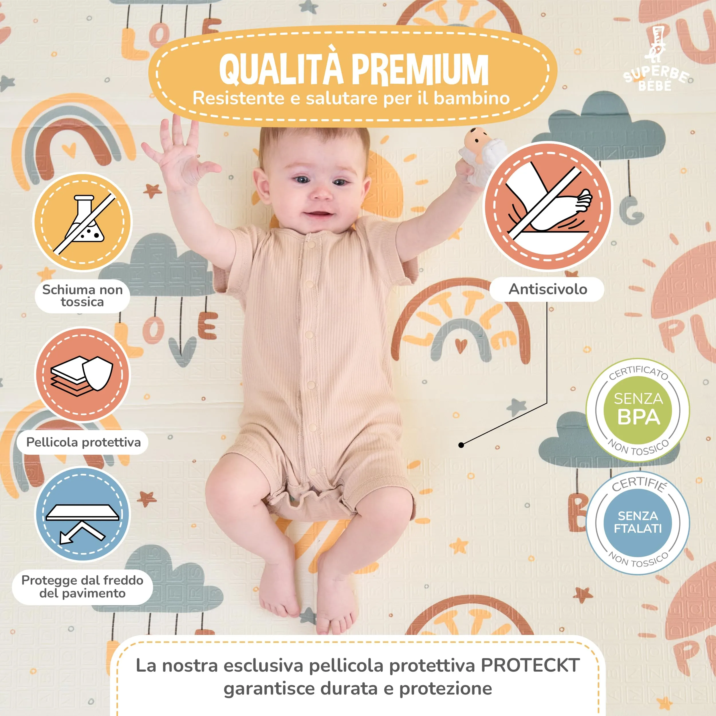SUPERBE BEBE Tappeto Gioco Bambini Pieghevole 150x180x1cm Montessori Reversibile in Schiuma - immagine 5