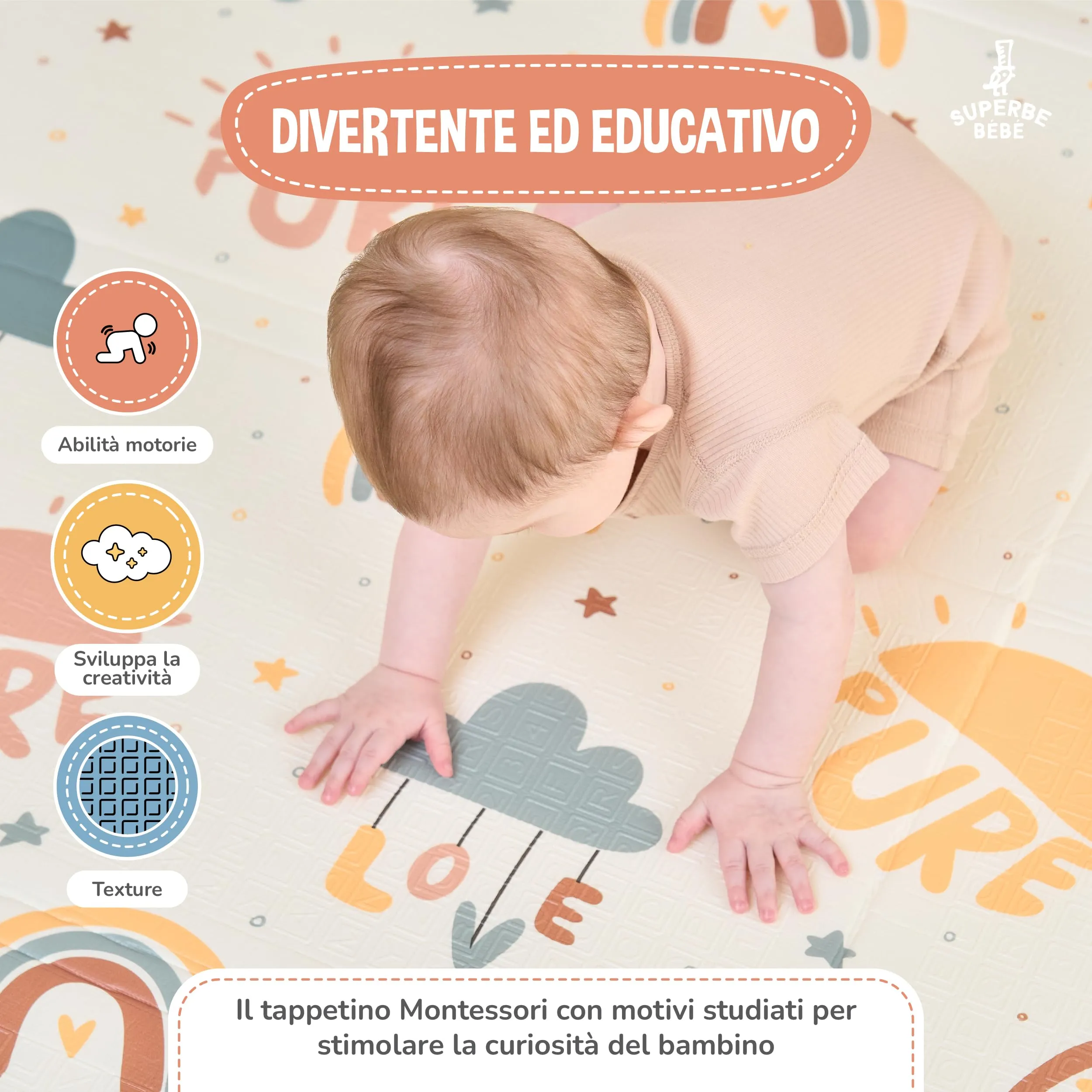 SUPERBE BEBE Tappeto Gioco Bambini Pieghevole 150x180x1cm Montessori Reversibile in Schiuma - immagine 6