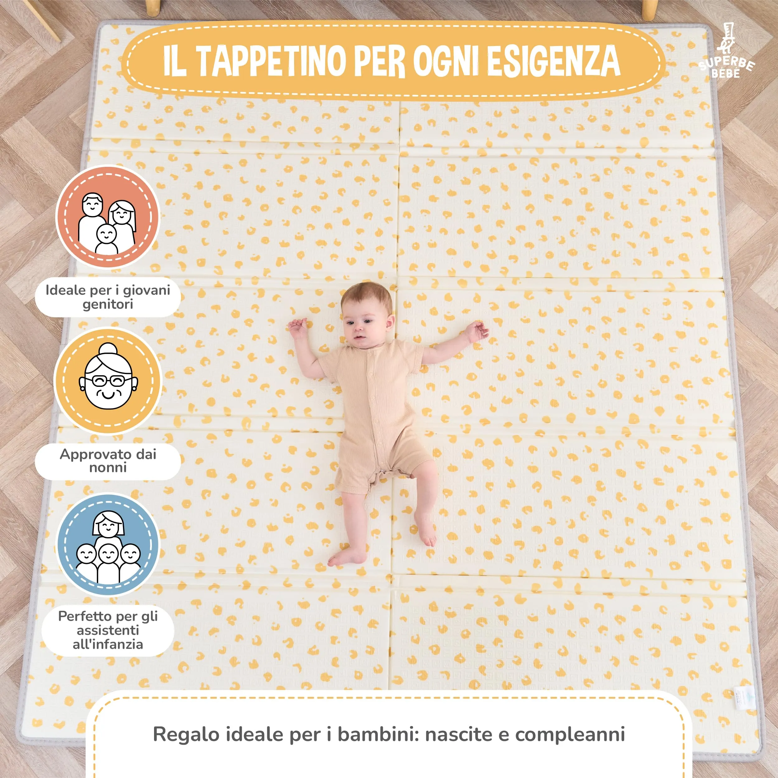 SUPERBE BEBE Tappeto Gioco Bambini Pieghevole 150x180x1cm Montessori Reversibile in Schiuma - immagine 8