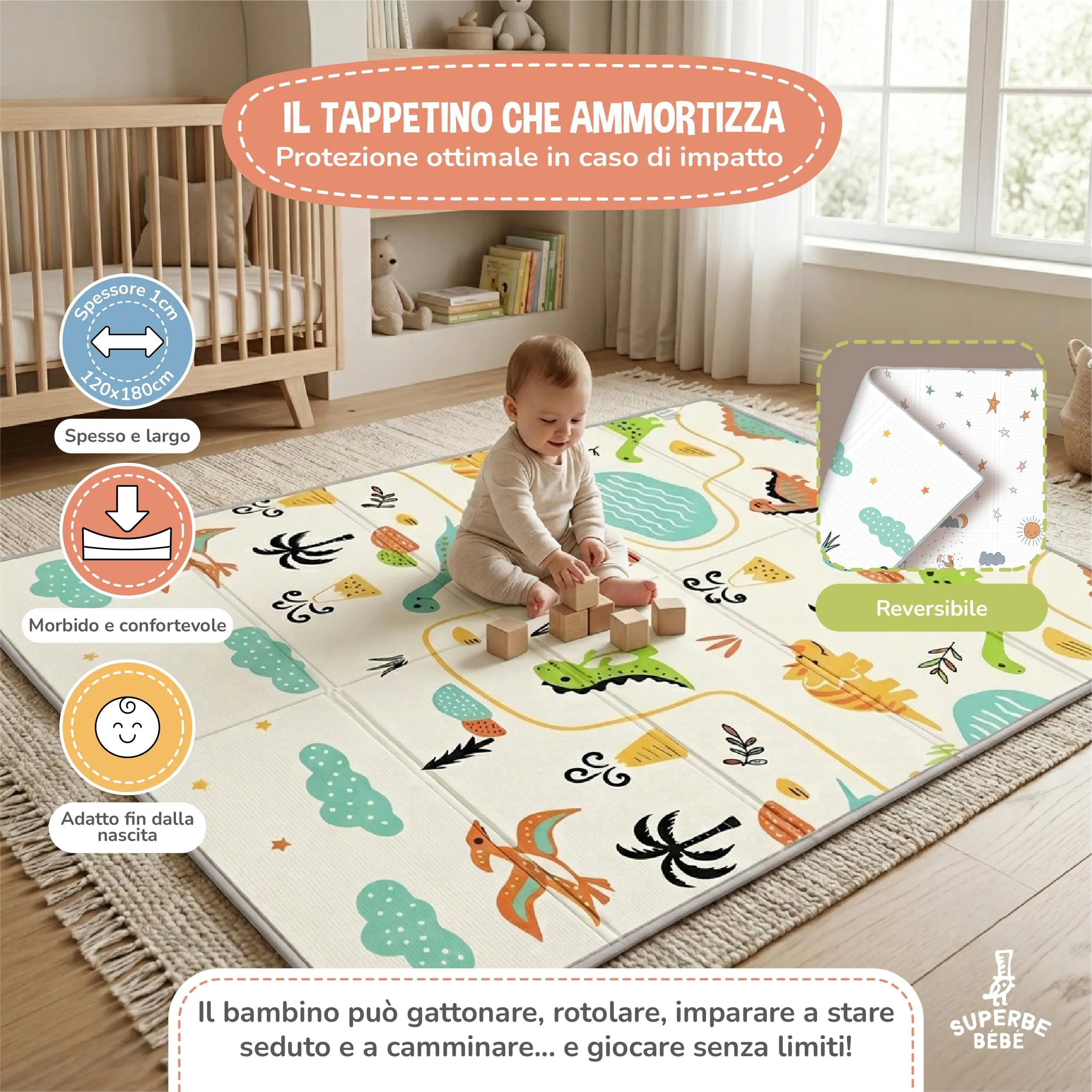 SUPERBE BEBE Tappeto Gioco Bambini Pieghevole 120x180x1cm Montessori Reversibile in Schiuma - immagine 2