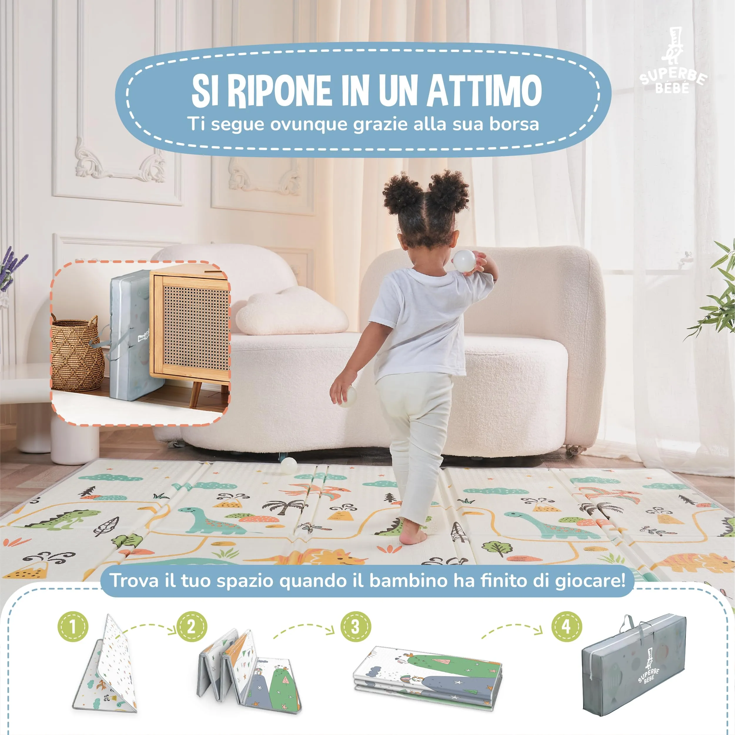SUPERBE BEBE Tappeto Gioco Bambini Pieghevole 120x180x1cm Montessori Reversibile in Schiuma - immagine 3