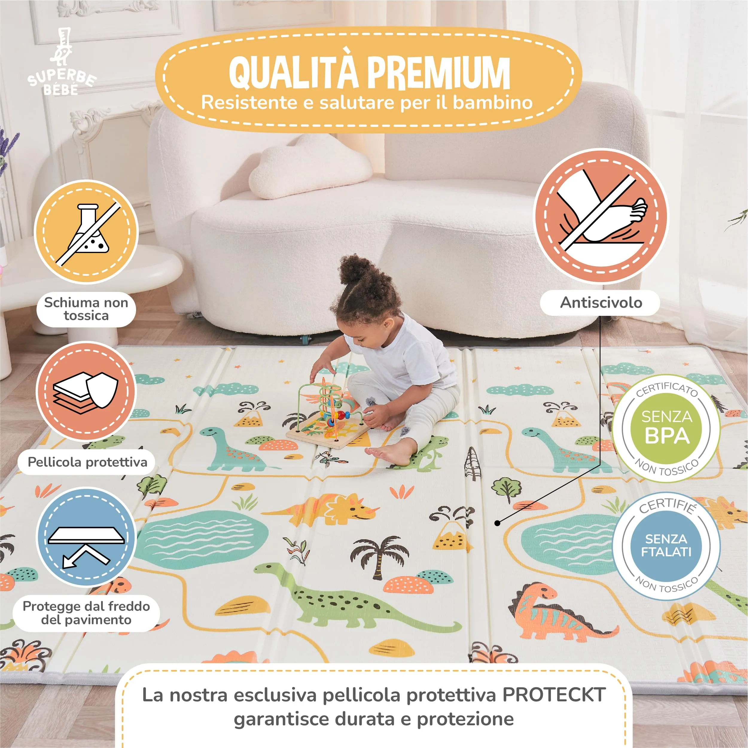 SUPERBE BEBE Tappeto Gioco Bambini Pieghevole 120x180x1cm Montessori Reversibile in Schiuma - immagine 5