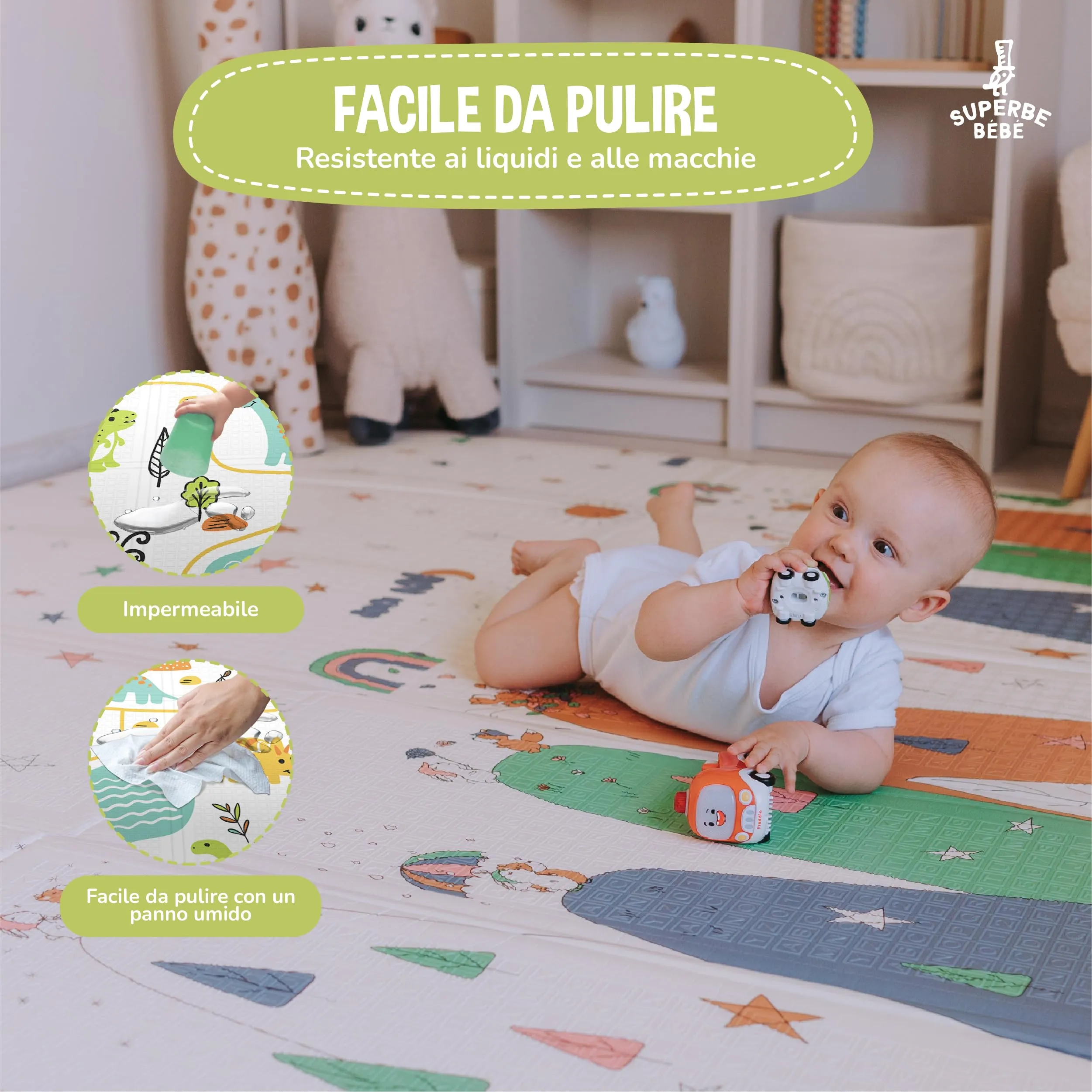 SUPERBE BEBE Tappeto Gioco Bambini Pieghevole 120x180x1cm Montessori Reversibile in Schiuma - immagine 8