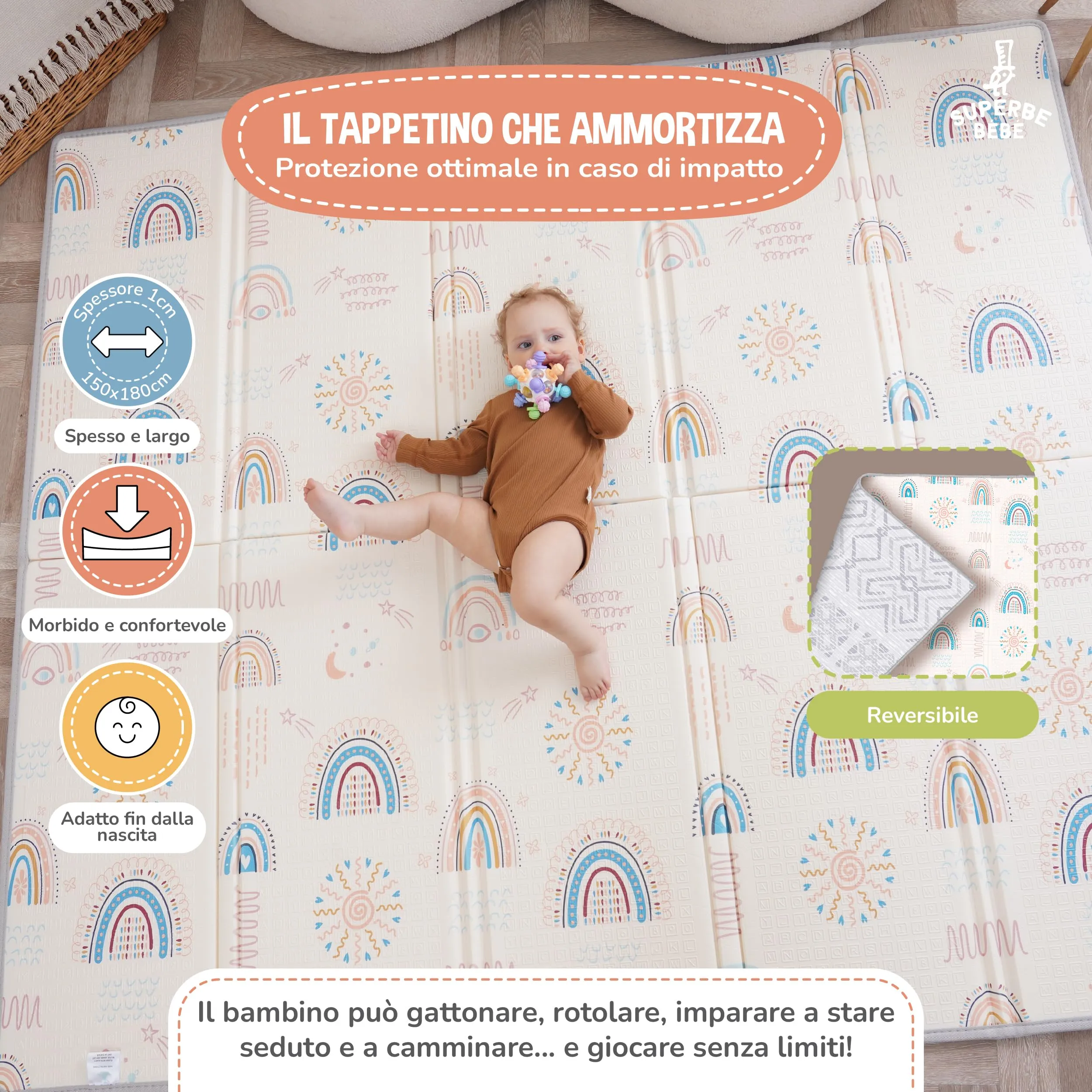 SUPERBE BEBE Tappeto Gioco Bambini Pieghevole 150x180x1cm Montessori Reversibile in Schiuma - immagine 2