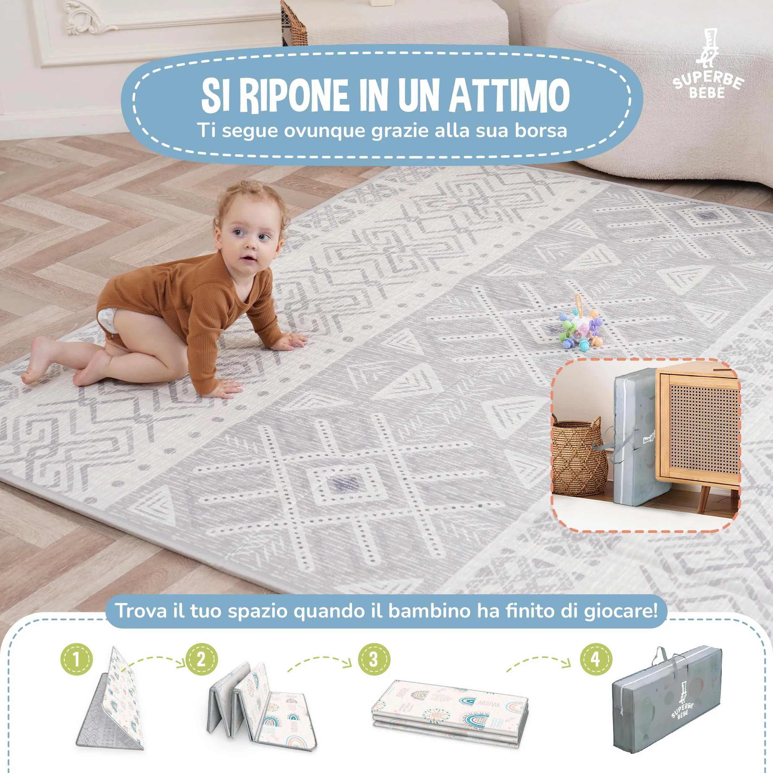 SUPERBE BEBE Tappeto Gioco Bambini Pieghevole 150x180x1cm Montessori Reversibile in Schiuma - immagine 3