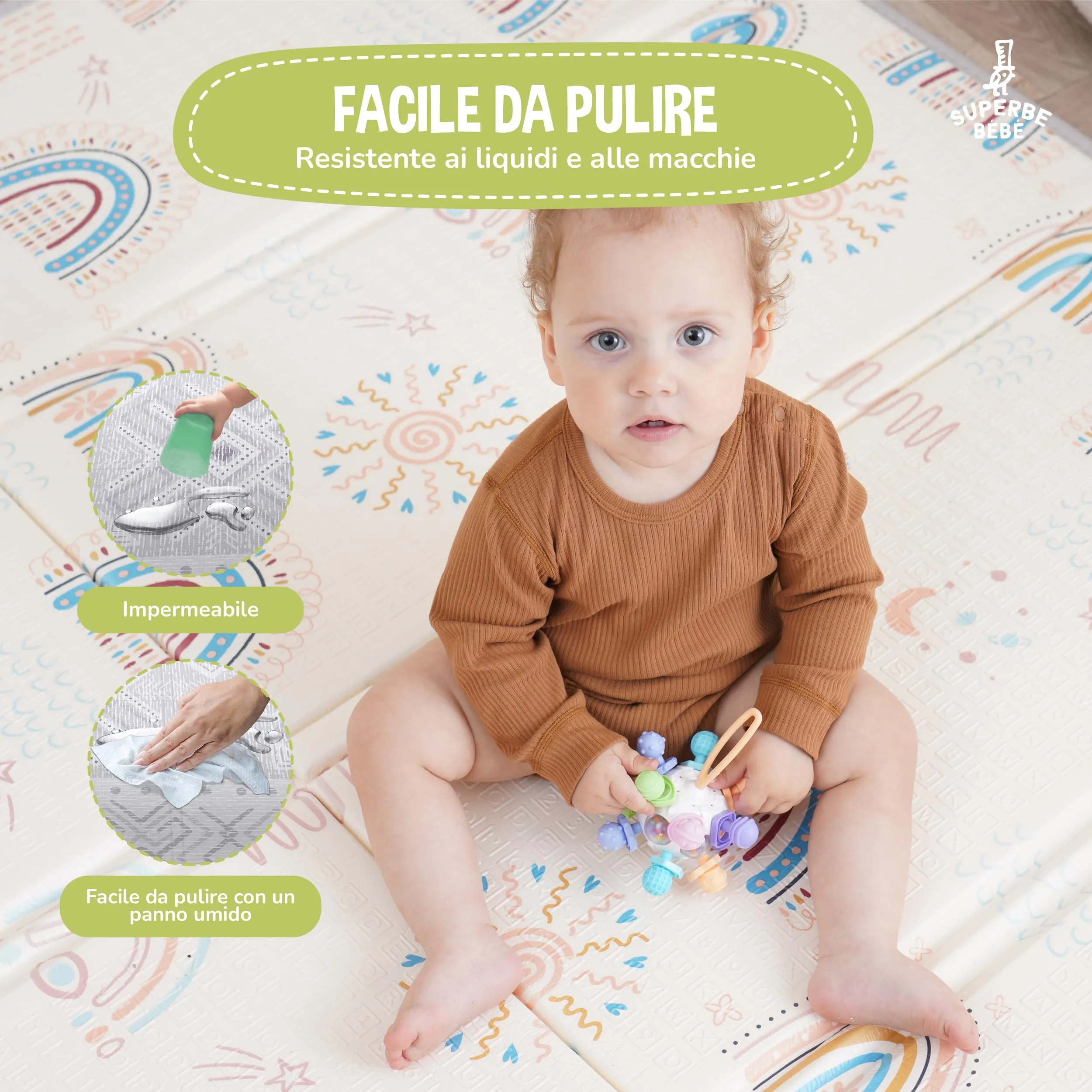 SUPERBE BEBE Tappeto Gioco Bambini Pieghevole 150x180x1cm Montessori Reversibile in Schiuma - immagine 4