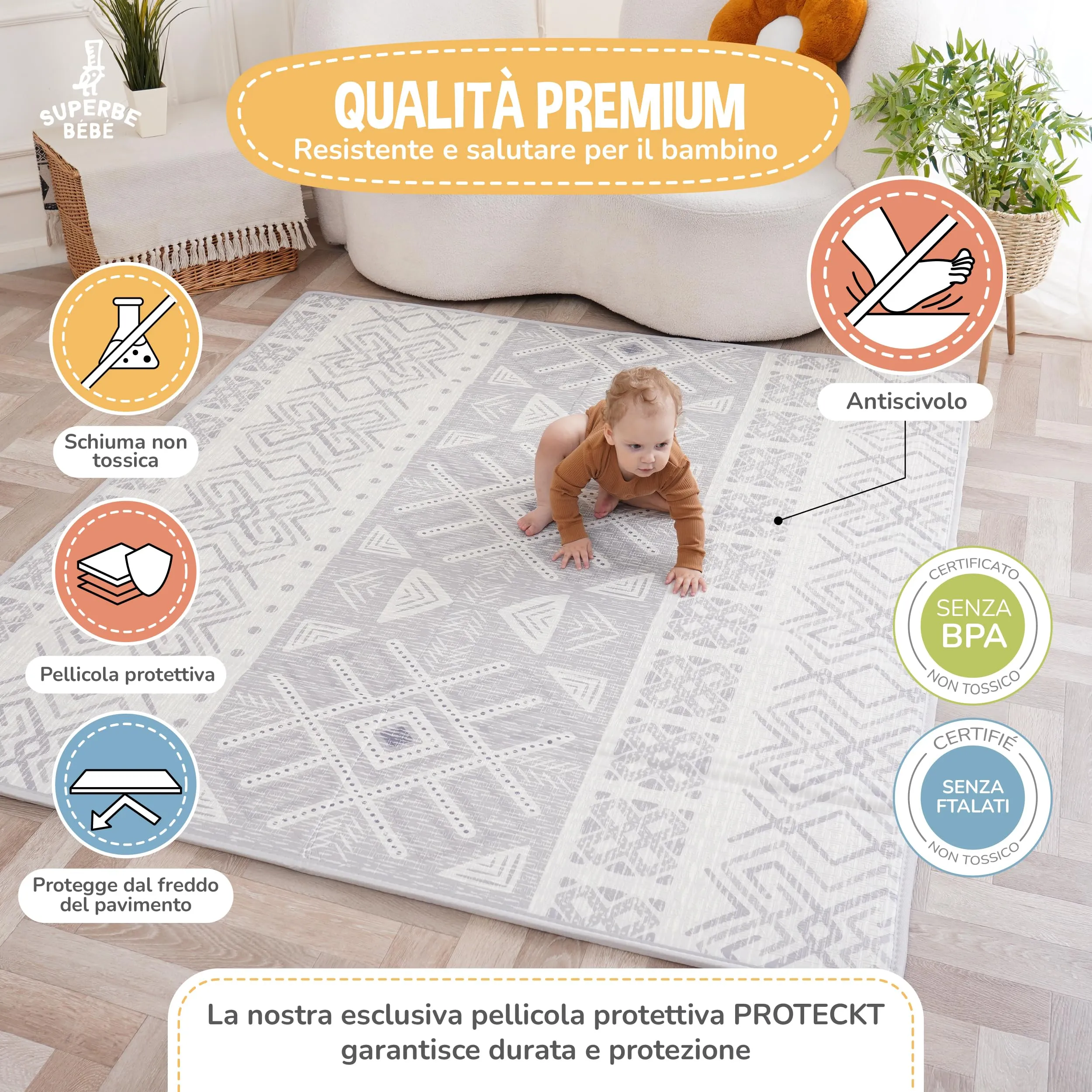 SUPERBE BEBE Tappeto Gioco Bambini Pieghevole 150x180x1cm Montessori Reversibile in Schiuma - immagine 5
