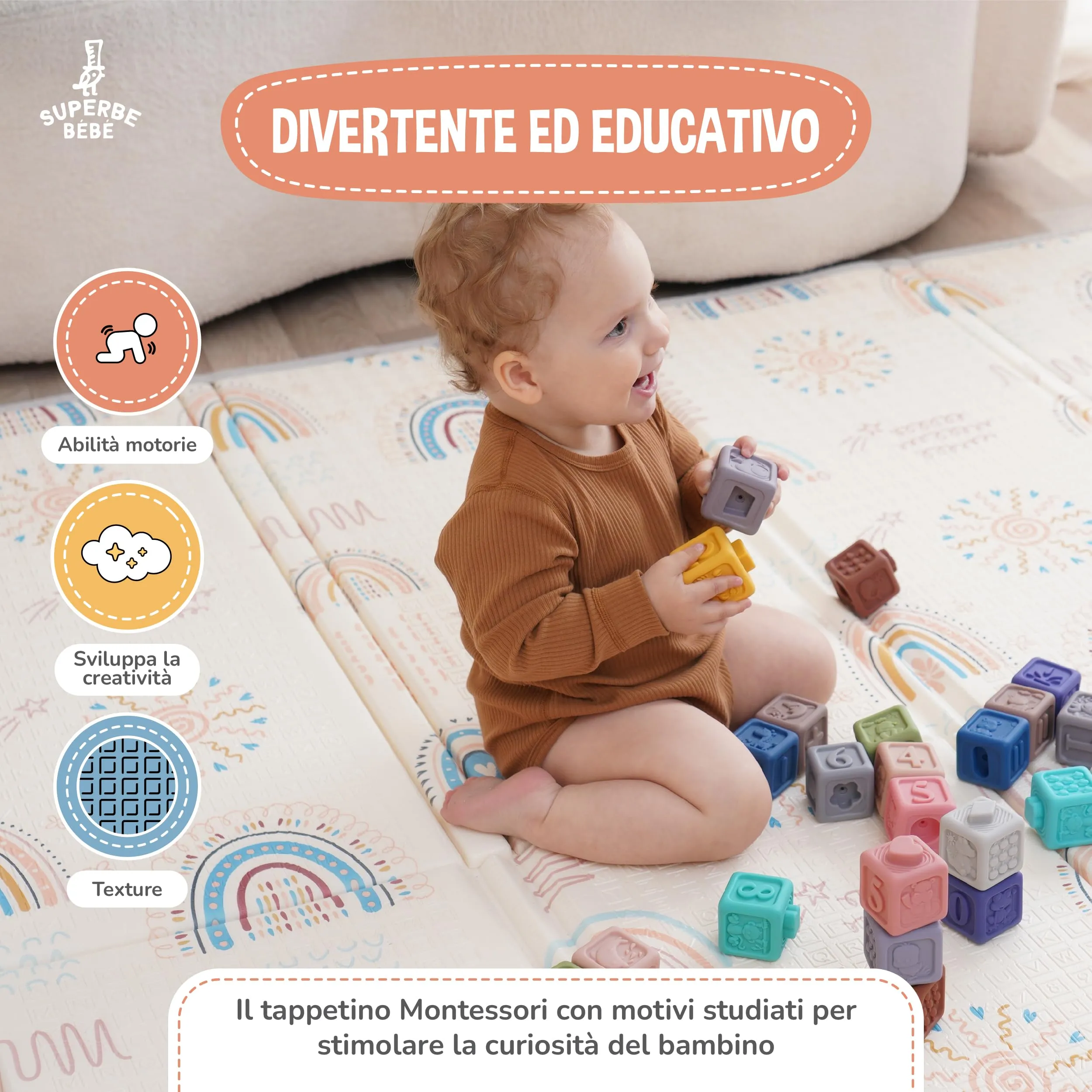 SUPERBE BEBE Tappeto Gioco Bambini Pieghevole 150x180x1cm Montessori Reversibile in Schiuma - immagine 6