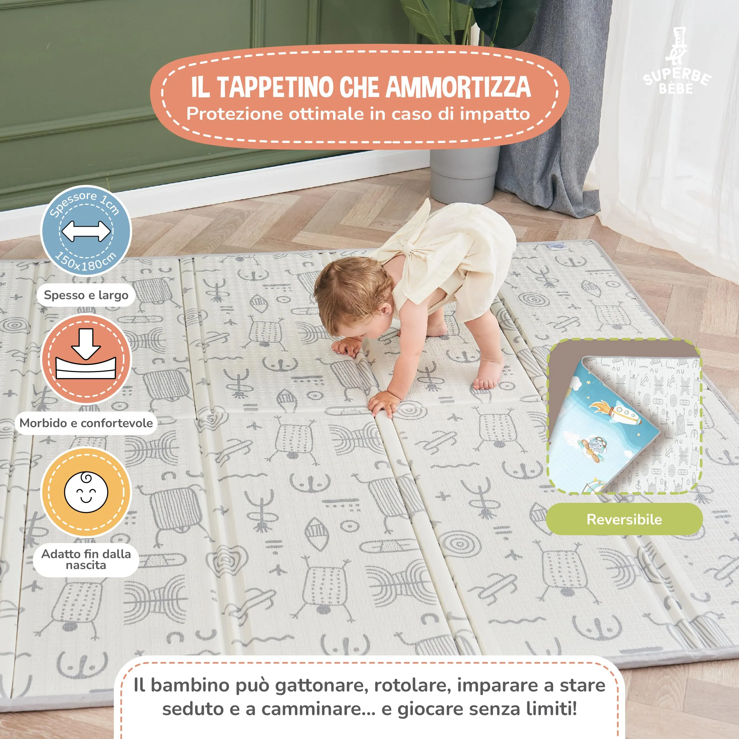 SUPERBE BEBE Tappeto Gioco Bambini Pieghevole 150x180x1cm Montessori Reversibile in Schiuma - immagine 2