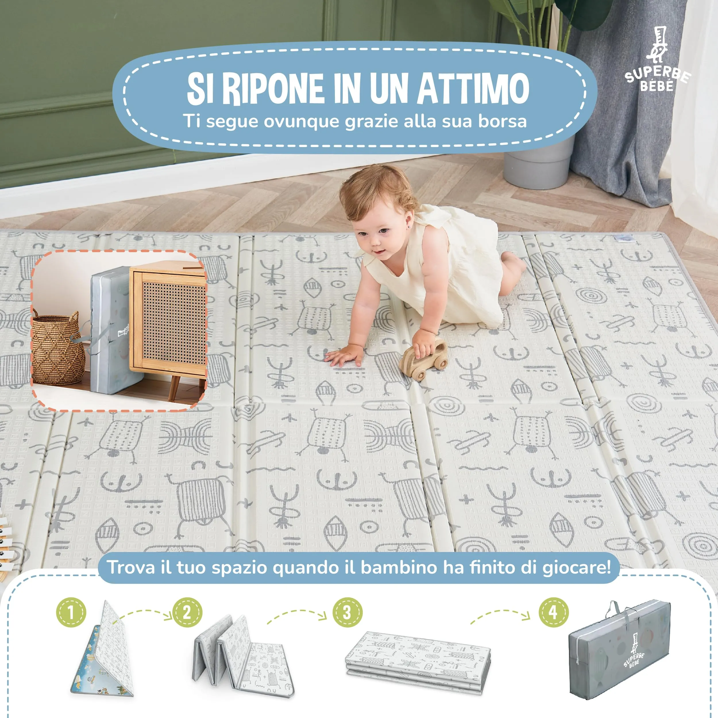 SUPERBE BEBE Tappeto Gioco Bambini Pieghevole 150x180x1cm Montessori Reversibile in Schiuma - immagine 3