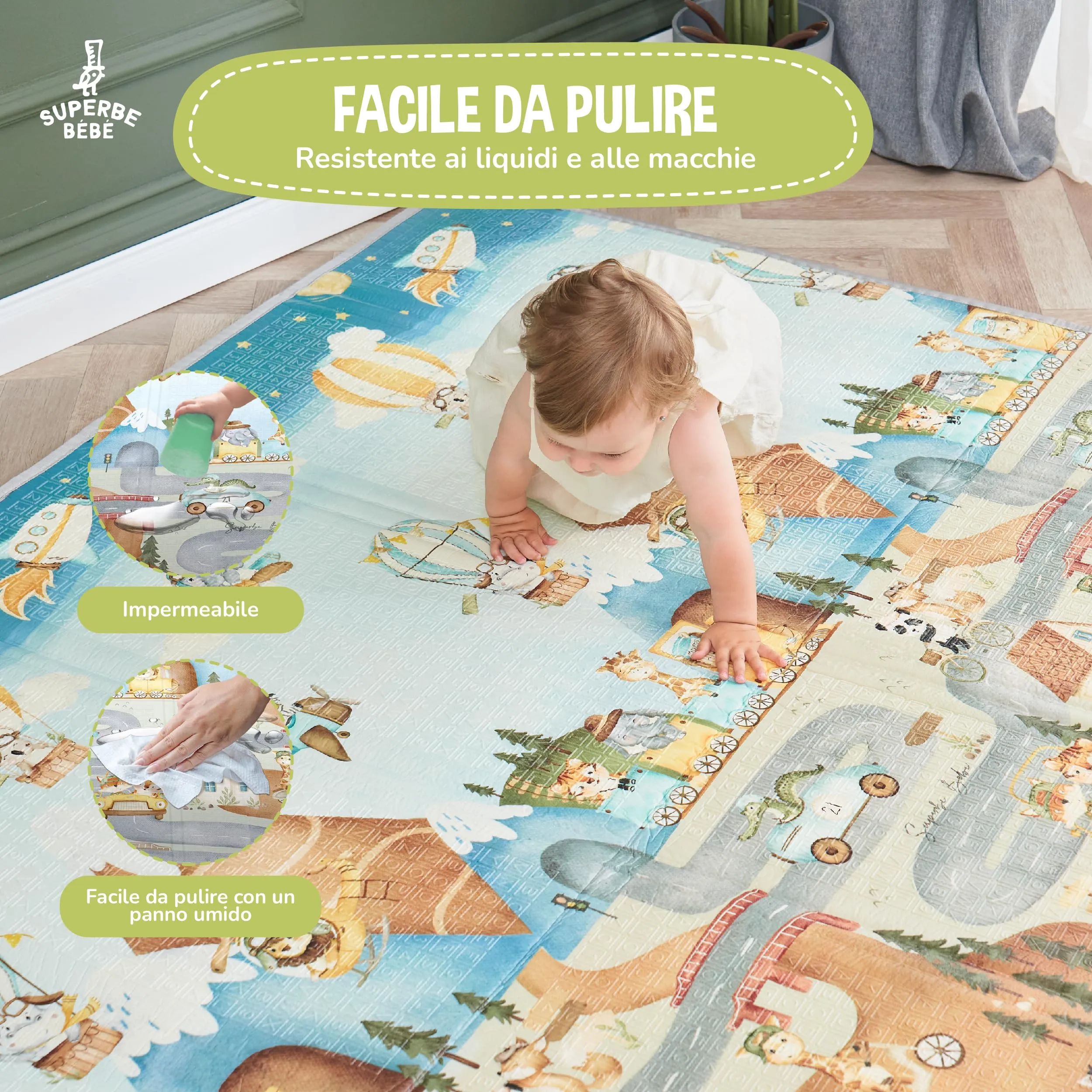 SUPERBE BEBE Tappeto Gioco Bambini Pieghevole 150x180x1cm Montessori Reversibile in Schiuma - immagine 4