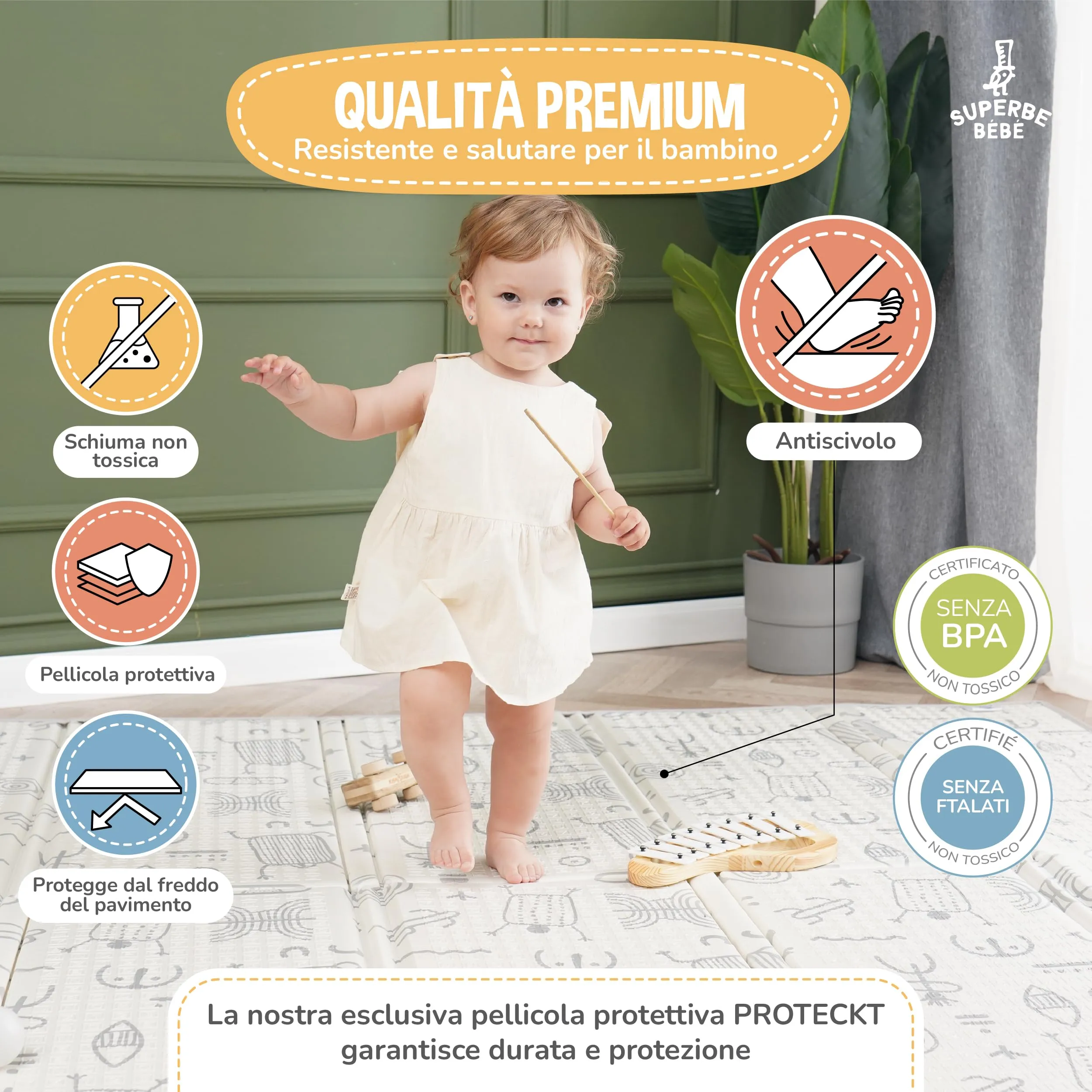 SUPERBE BEBE Tappeto Gioco Bambini Pieghevole 150x180x1cm Montessori Reversibile in Schiuma - immagine 5